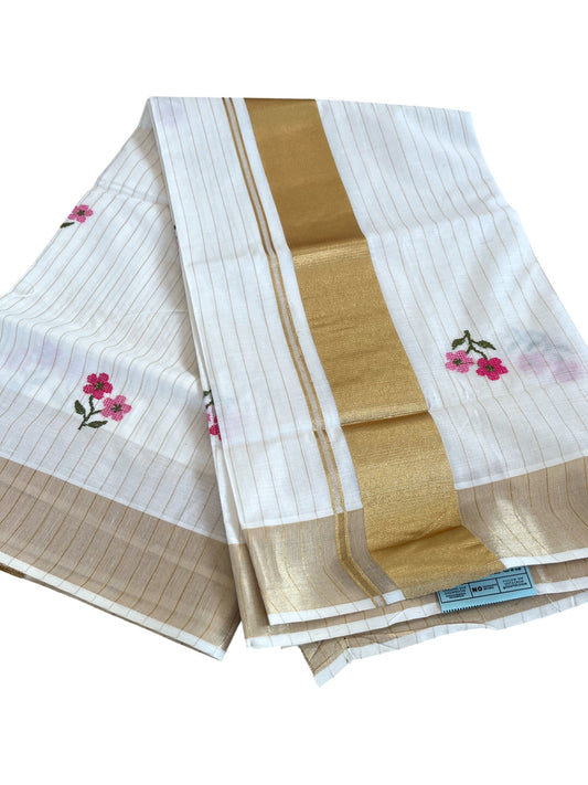 Southloom Kerala Cotton Kasavu Stripes Saree with Pink Floral Embroidery Work
