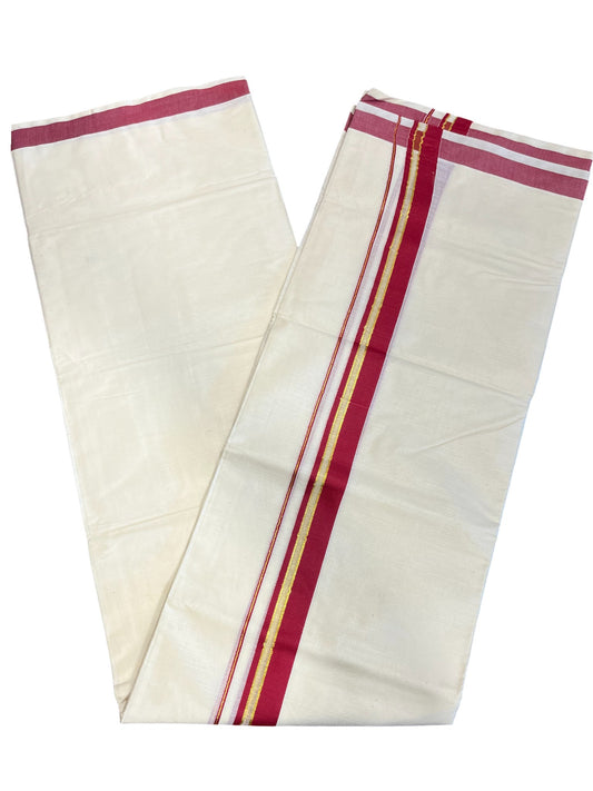 Southloom Kerala Pure Cotton Double Mundu with Gold Lines & Maroon Border (South Indian Dhoti)