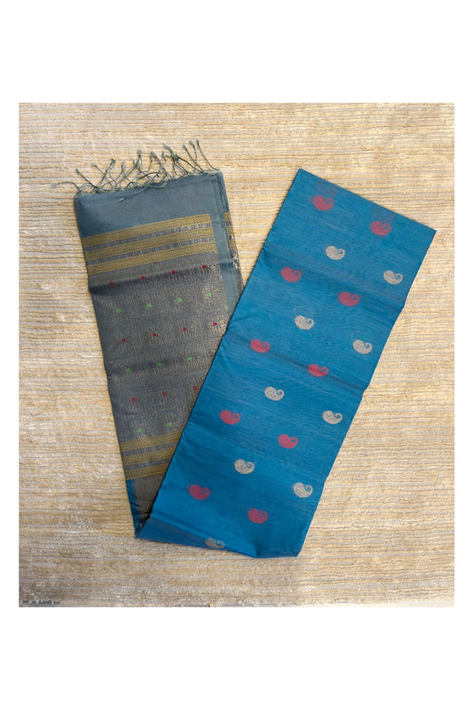 Southloom Pure Handloom Cotton Silk Saree With Handwoven Work Across Body and Blouse in Blue  And Grey