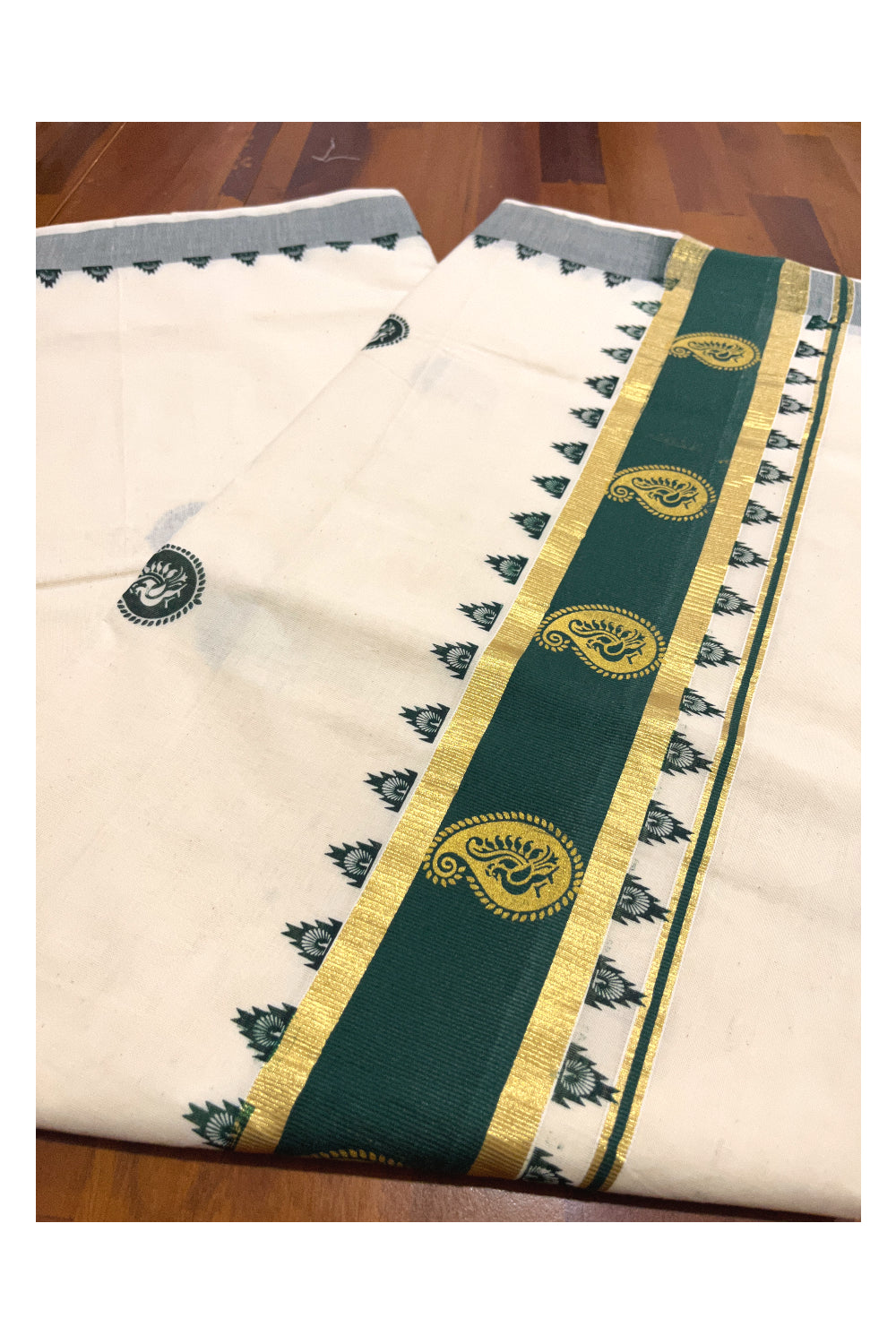 Pure Cotton Kerala Kasavu Saree with Green Paisley Block Printed Design