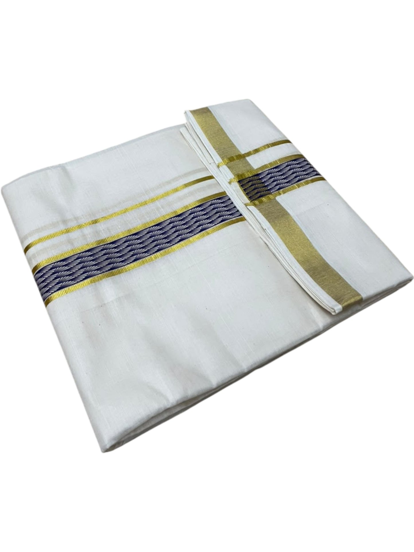 Southloom Pure Cotton Double Mundu with Blue Block Printed And Ksavu Border (South Indian Kerala Dhoti)