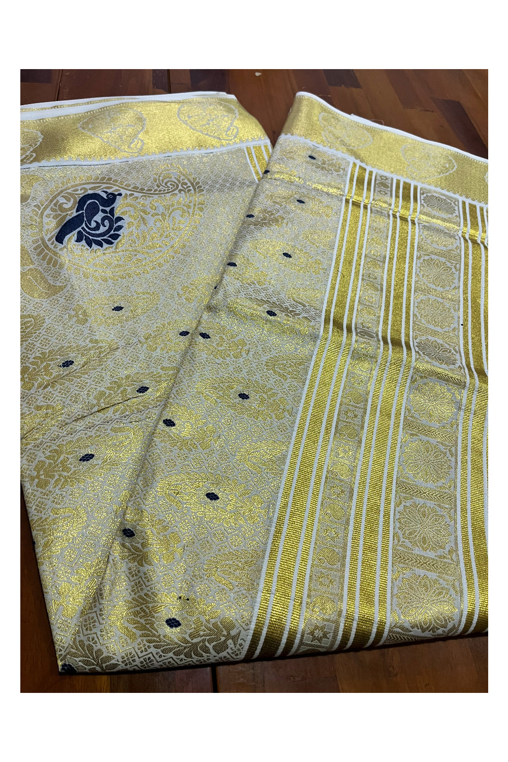 Kerala Pure Cotton Heavy Woven Work Kasavu Saree with Blue Peacock Works