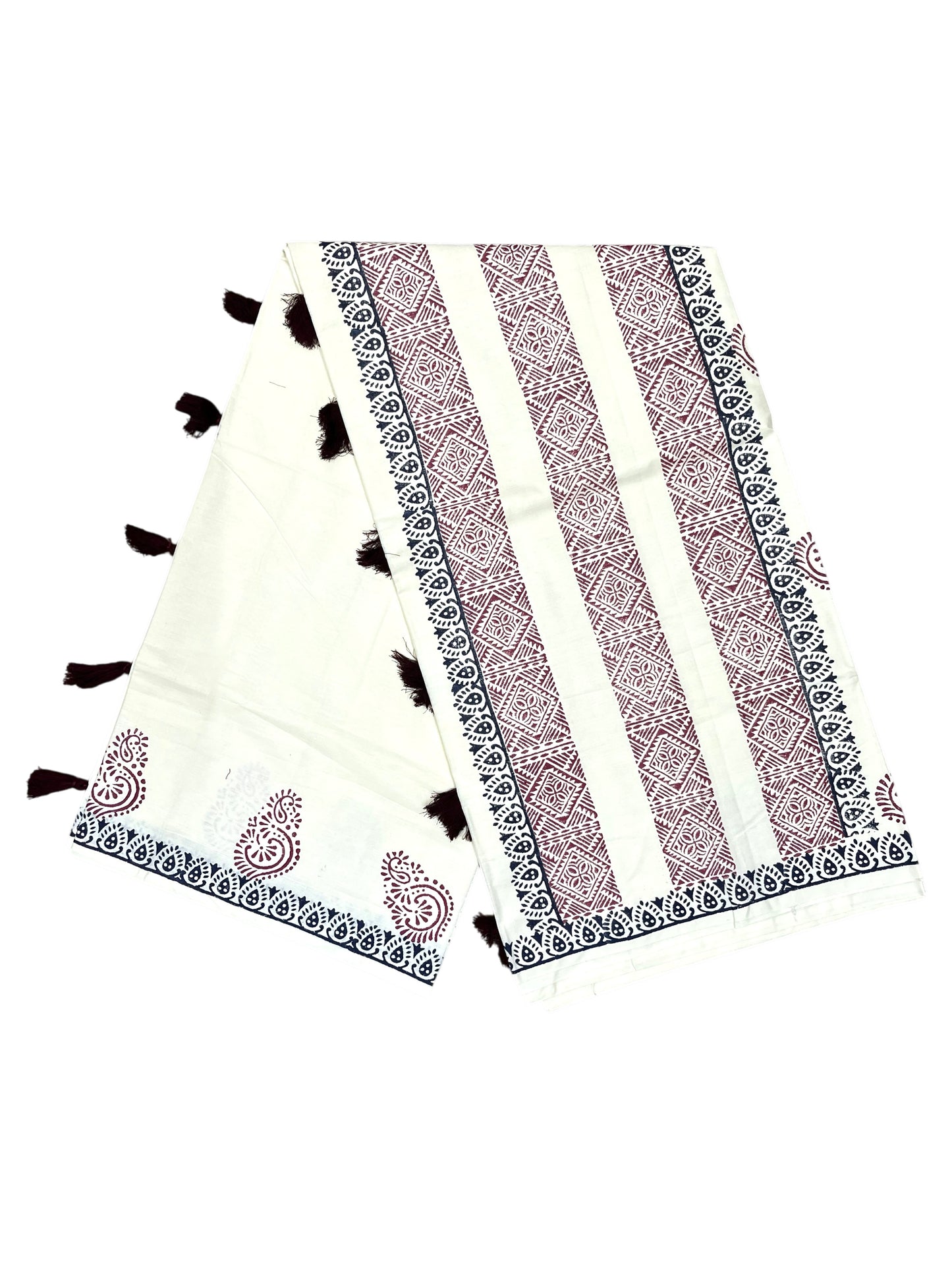 Southloom Kerala Cotton Saree with With Floral Digital Prints on Maroon& Blue Borders