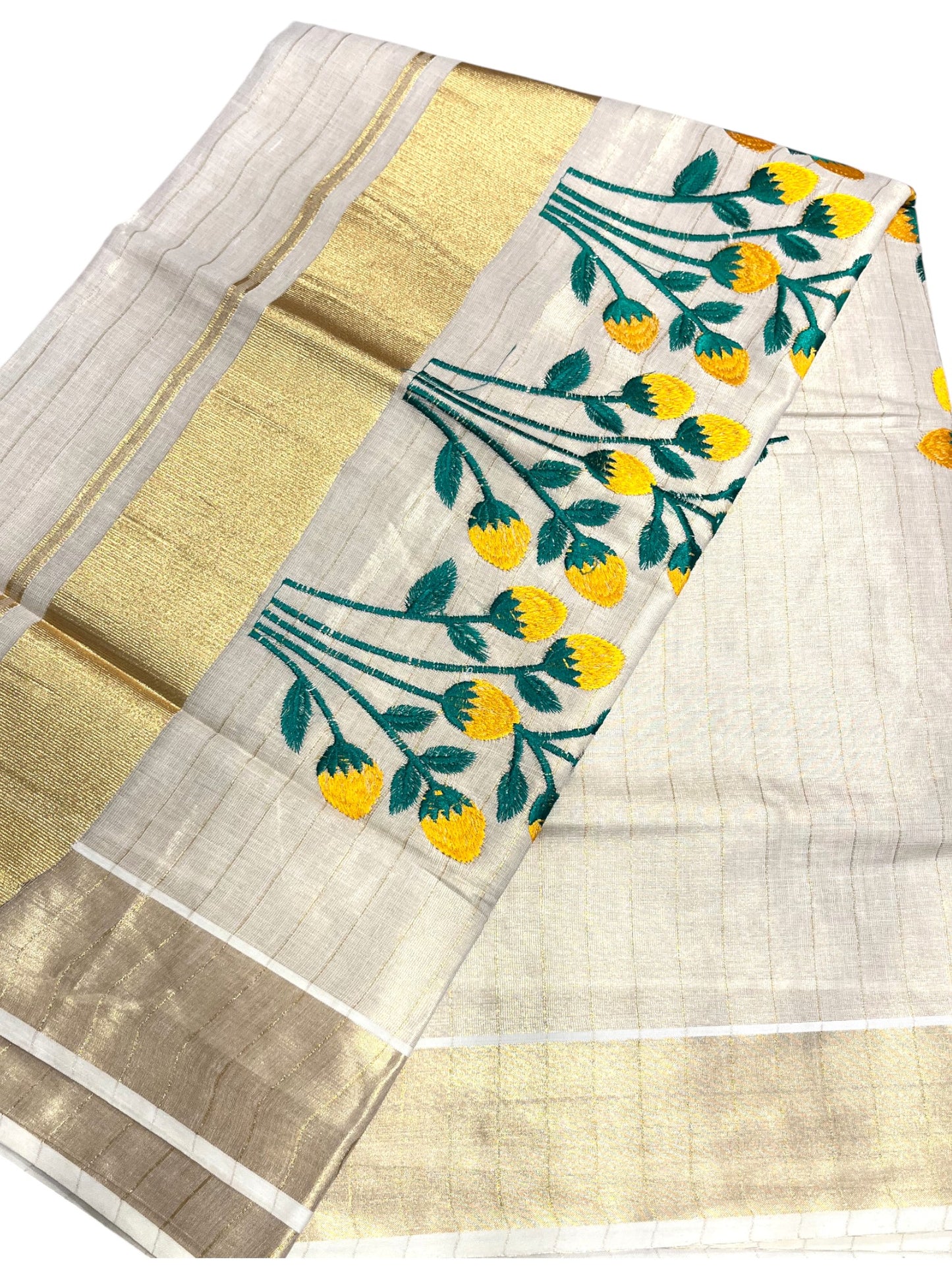 Southloom Tissue Kerala Kasavu Saree with Floral Embroidery Design