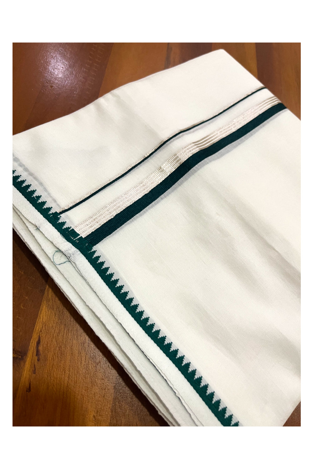 Pure White Cotton Double Mundu with Silver Kasavu and Dark Green Border (South Indian Kerala Dhoti)