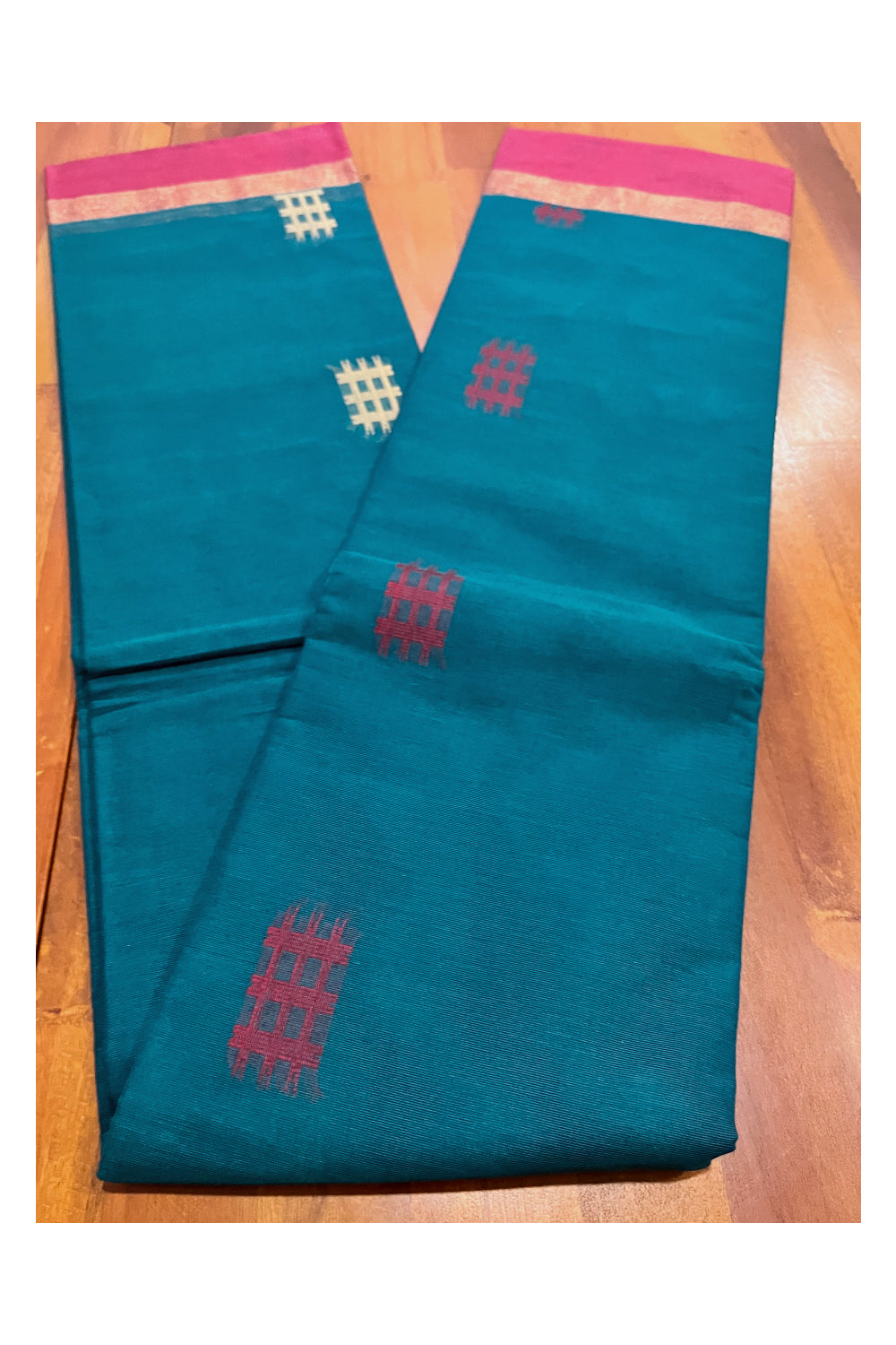 Southloom Cotton Teal Blue Saree with Woven Butta Works on Body and Pallu