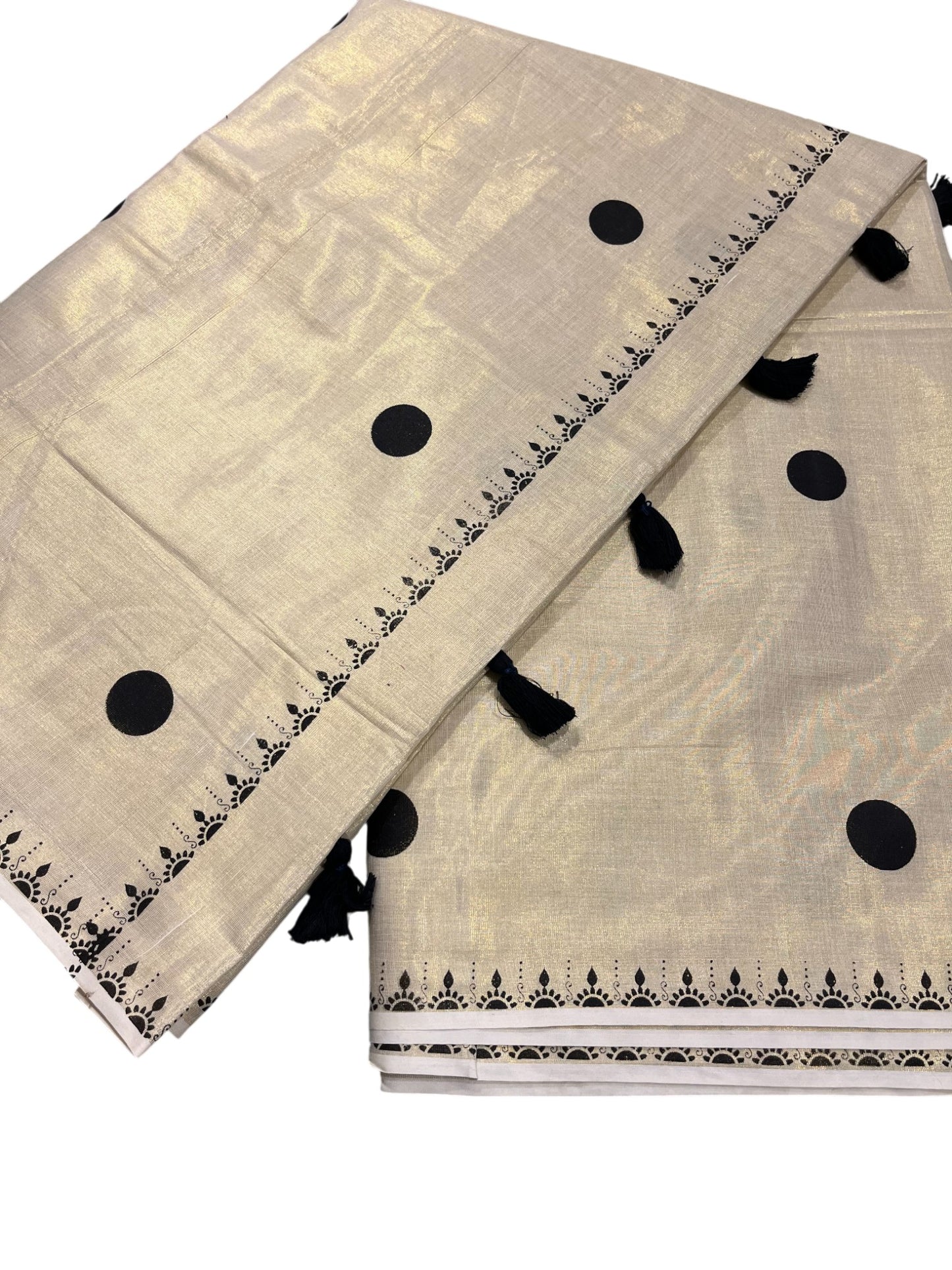 Southloom Kerala Tissue Kasavu Saree With Black Polka Dots on Body