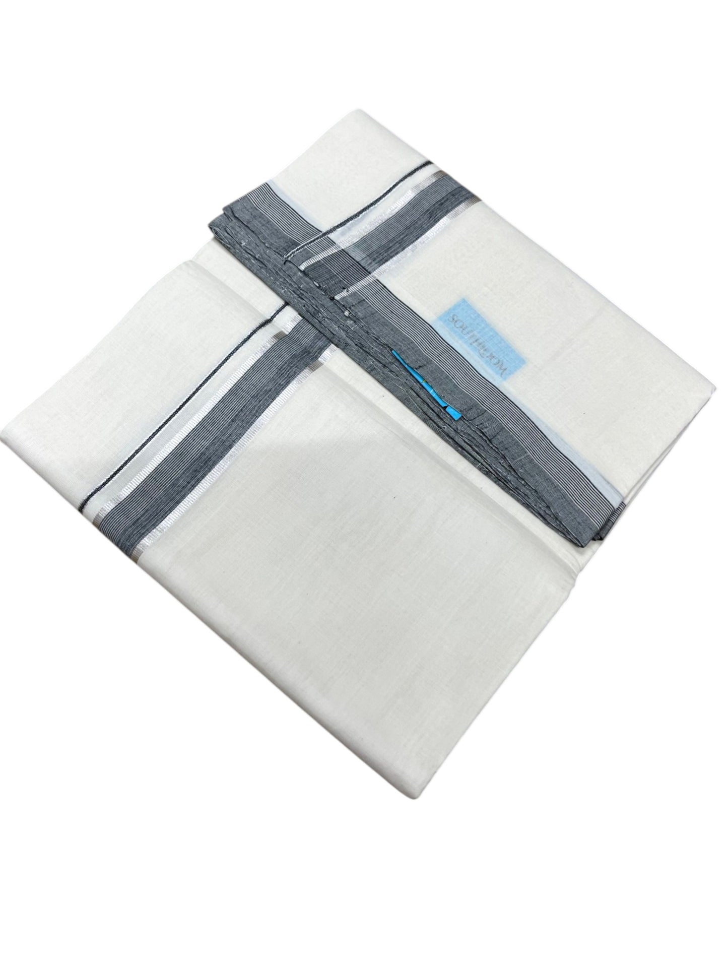 Southloom Unakkupaavu Premium Handloom Cotton Double Mundu with Silver Kasavu and Grey Border
