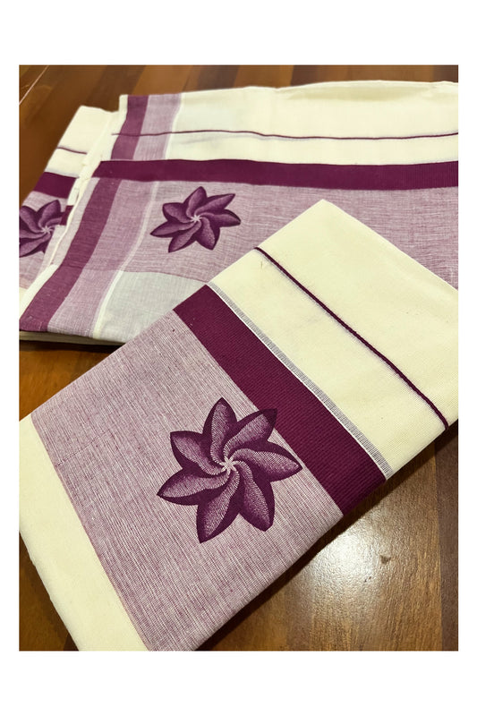 Kerala Cotton Single Set Mundu (Mundum Neriyathum) with Purple Floral Block Prints on Border