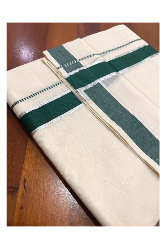 Pure Cotton Double Mundu with Silver Kasavu and Green Kara (South Indian Kerala Dhoti)