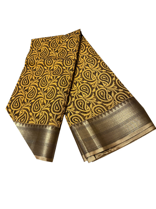 Southloom Cotton Banarasi Silk Saree with Woven Work on Body and Borders(Brown)