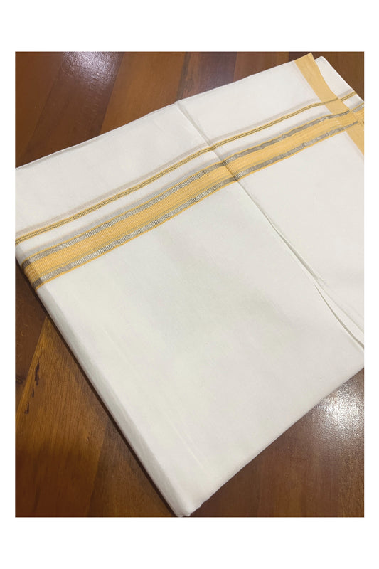 Pure White Kerala Double Mundu with Silver Kasavu and Yellow Kara (South Indian Kerala Dhoti)