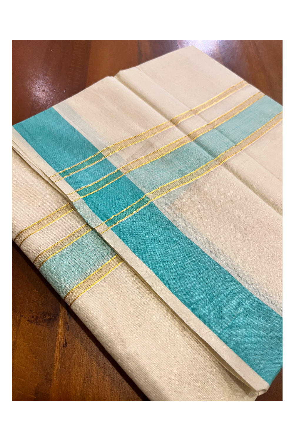 Off White Kerala Cotton Double Mundu with Kasavu and Turquoise Border (South Indian Kerala Dhoti)