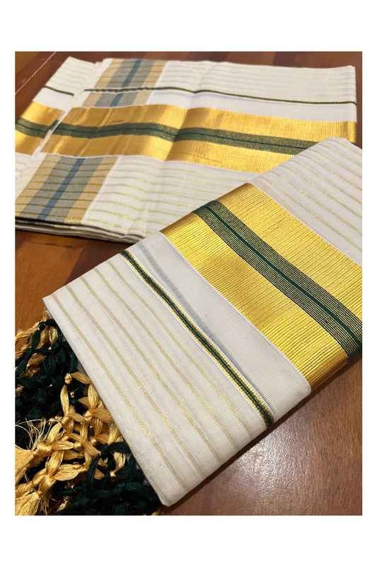 Pure Cotton Kerala Set Mundu with Kasavu Lines on Body Dark Green Border and Tassels Designs 2.80 Mtrs