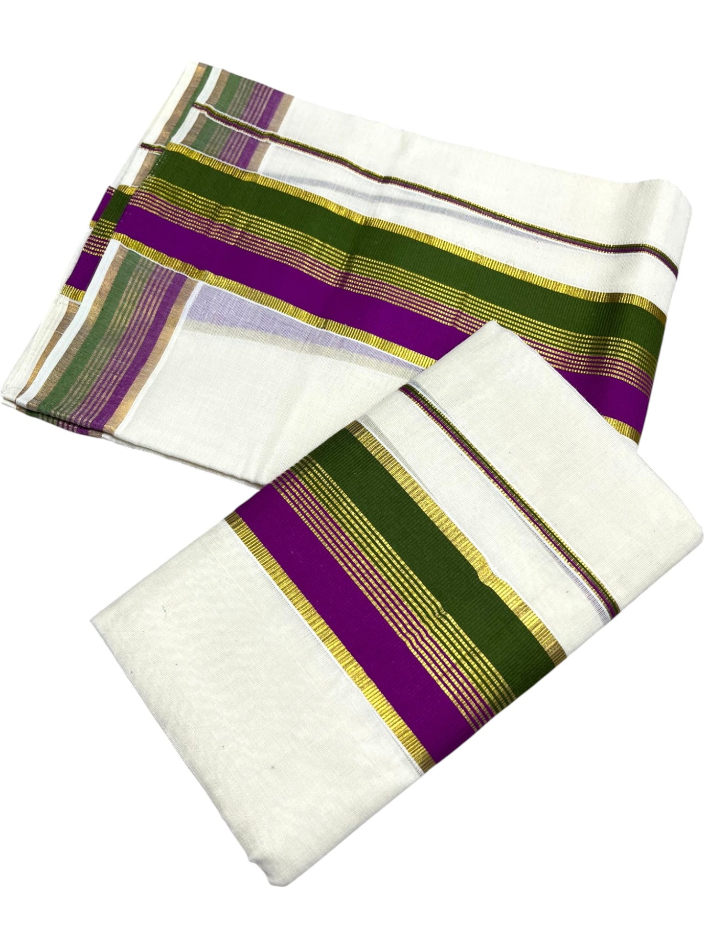 Southloom Kerala Cotton Kasavu Single Set Mundu (Mundum Neriyathum) with Olive Green And Magenta Kasavu Border SLKK