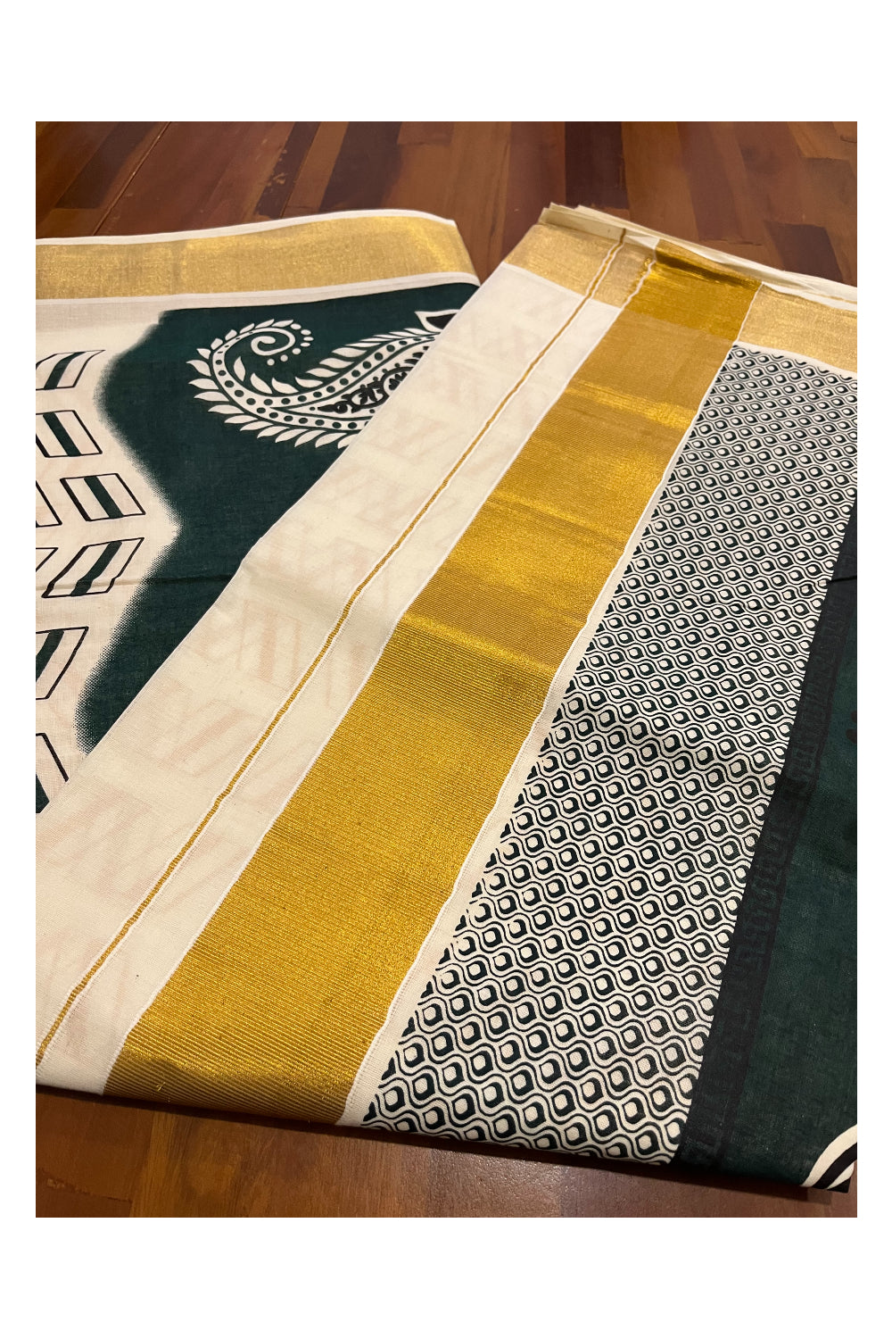 Kerala Cotton Saree with Green Block Prints on Pallu and Golden Block Prints on Body