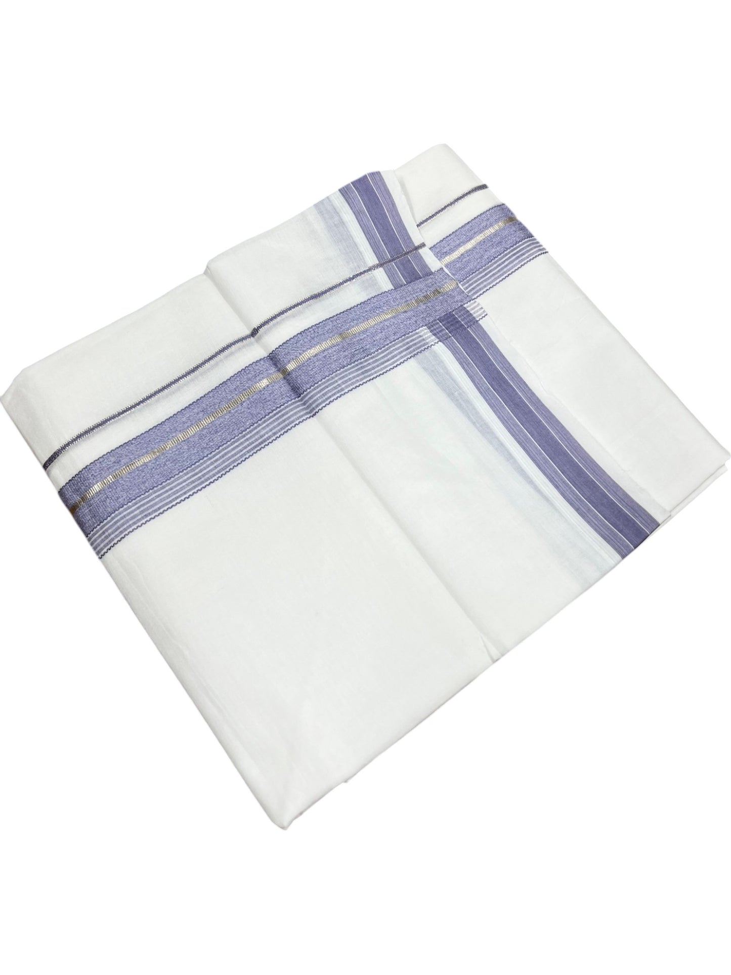 Southloom Kerala Pure White Cotton Double Mundu with Silver Line & Lavender Border (South Indian Dhoti)