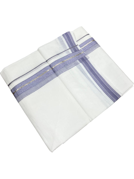Southloom Kerala Pure White Cotton Double Mundu with Silver Line & Lavender Border (South Indian Dhoti)