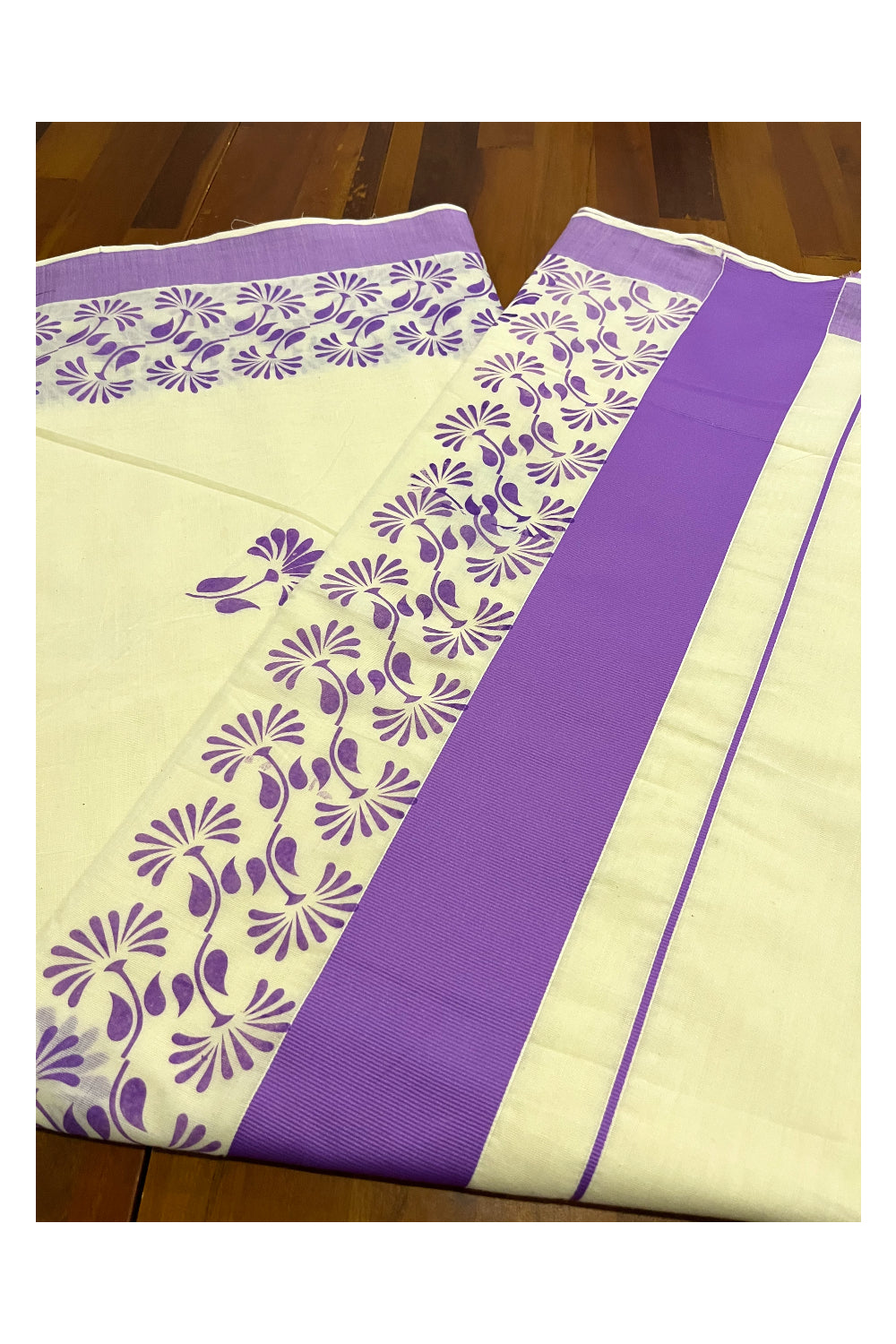 Kerala Pure Cotton Saree with Violet Block Prints on Border