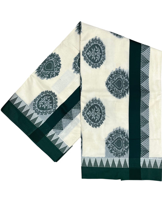 Southloom Pure Cotton Kerala Saree with Green Heavy Woven Designs and Temple Border