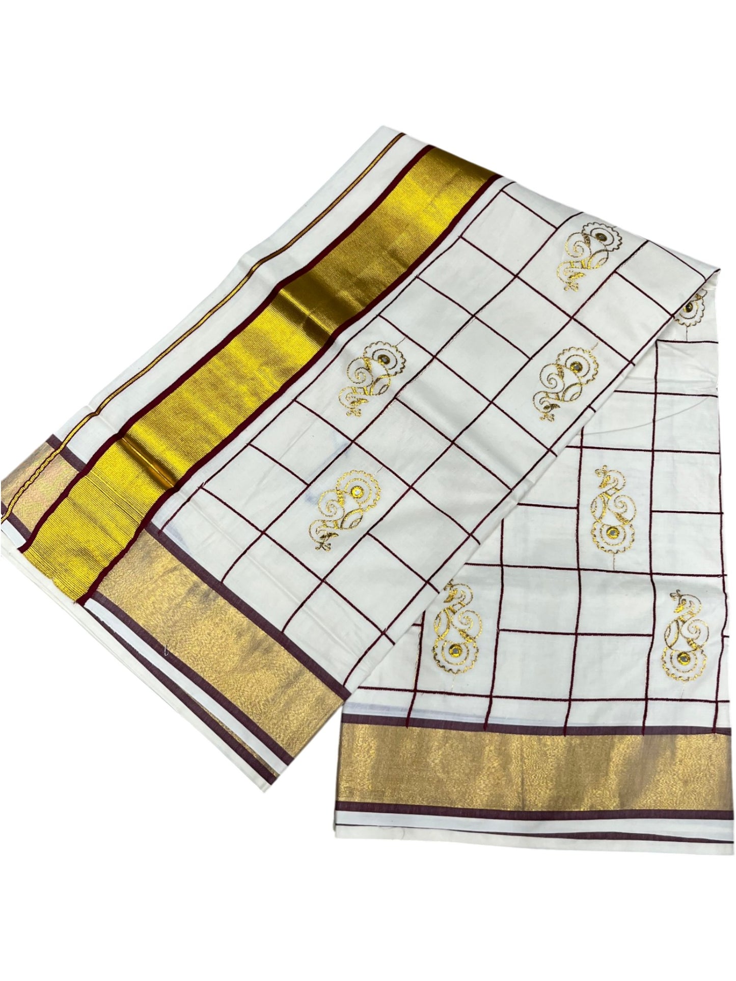 Southloom Cotton Kerala Kasavu Check Saree with Peacock Embroidery Design in Maroon
