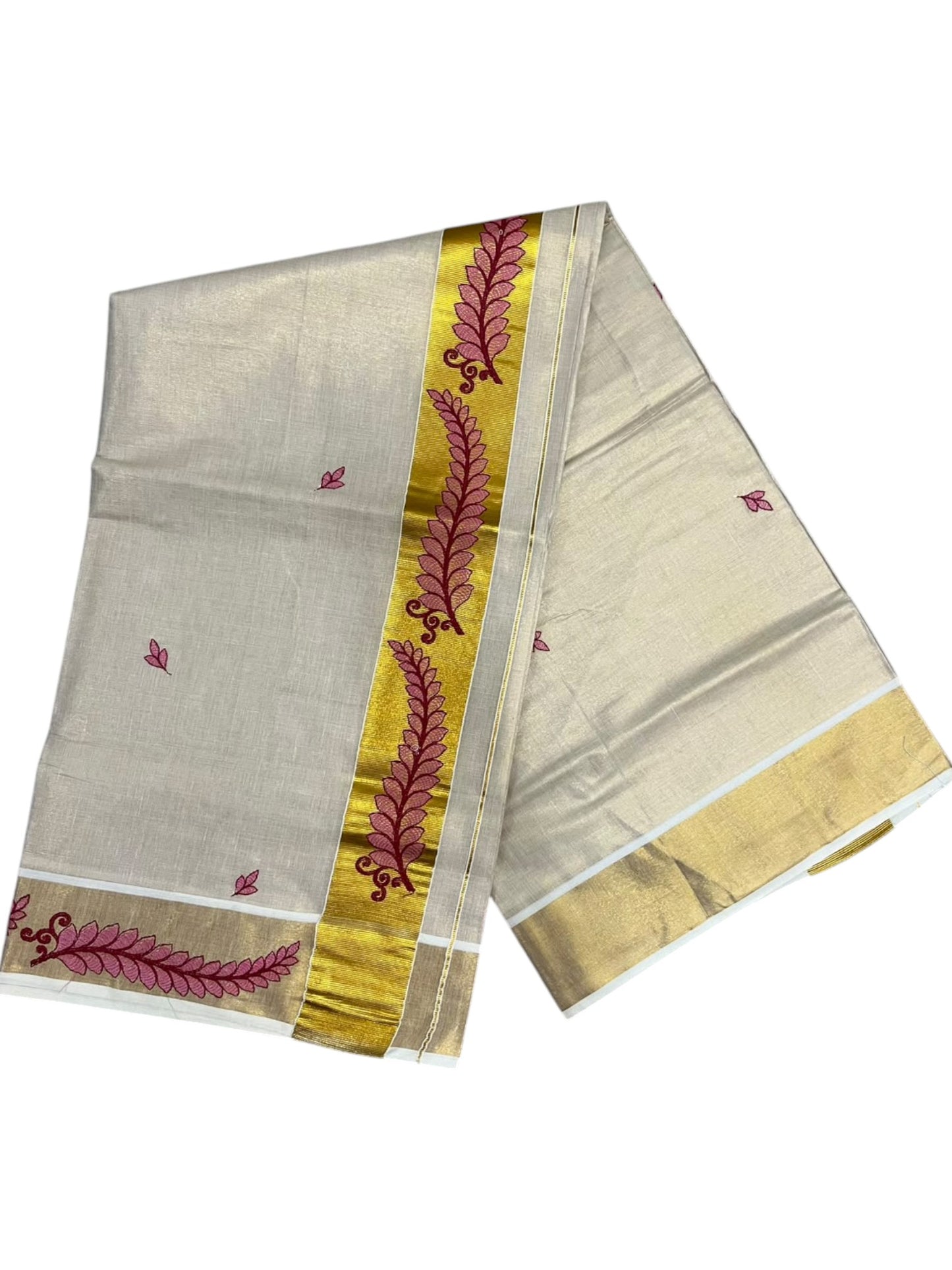 Southloom Tissue Kerala Kasavu Saree with Floral Embroidery Design On Border