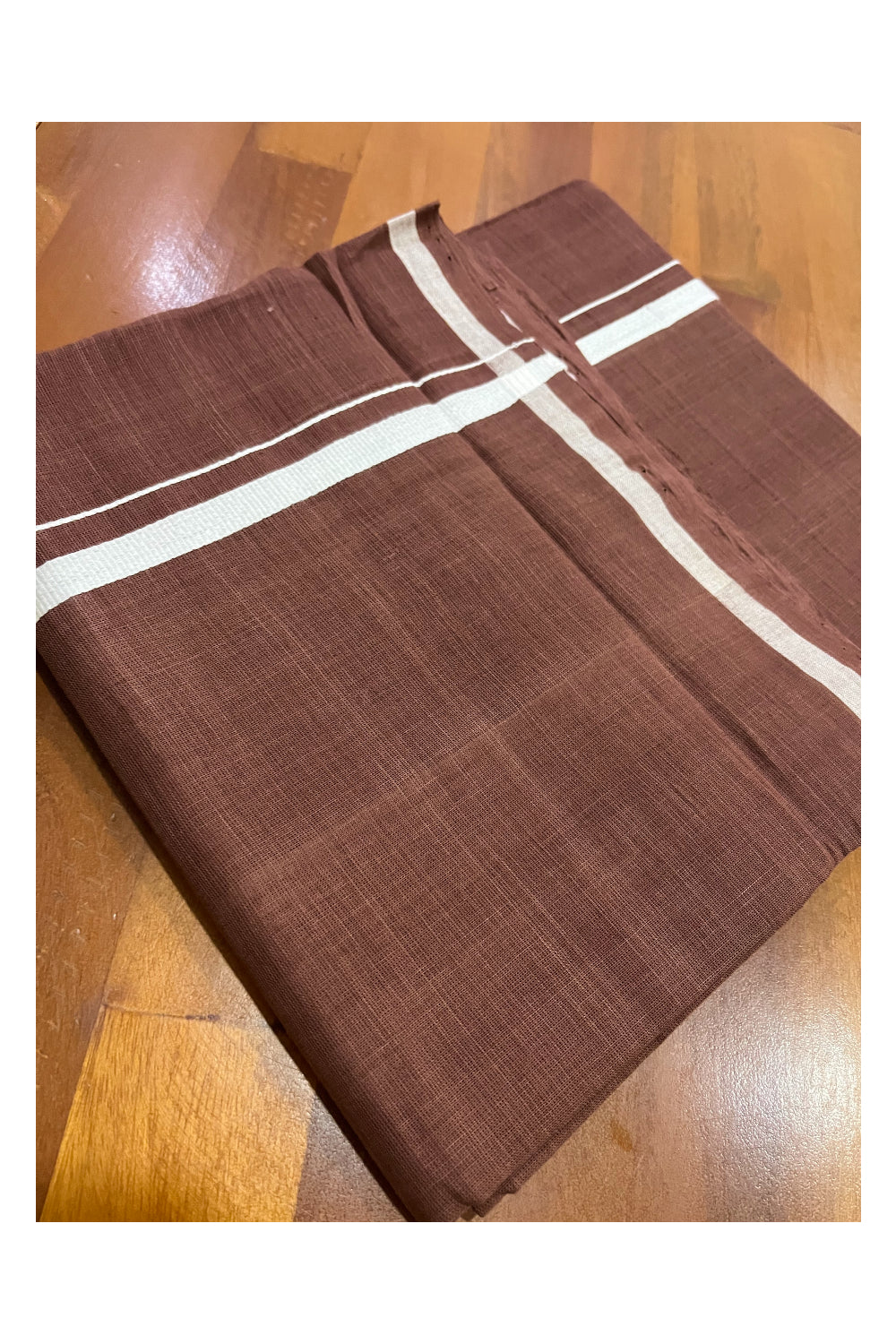 Southloom Premium Handloom Brown Solid Single Mundu (Lungi) with White Border (South Indian Kerala Dhoti)