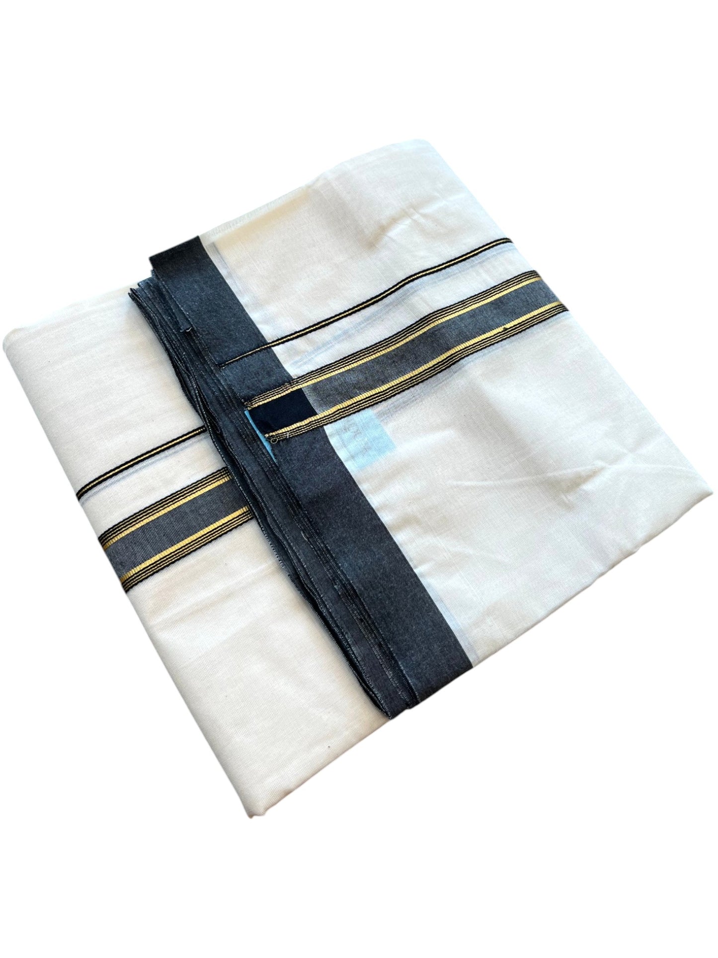 Southloom Pure Cotton Mundu with Golden Lines and Black Border (South Indian Kerala Dhoti)