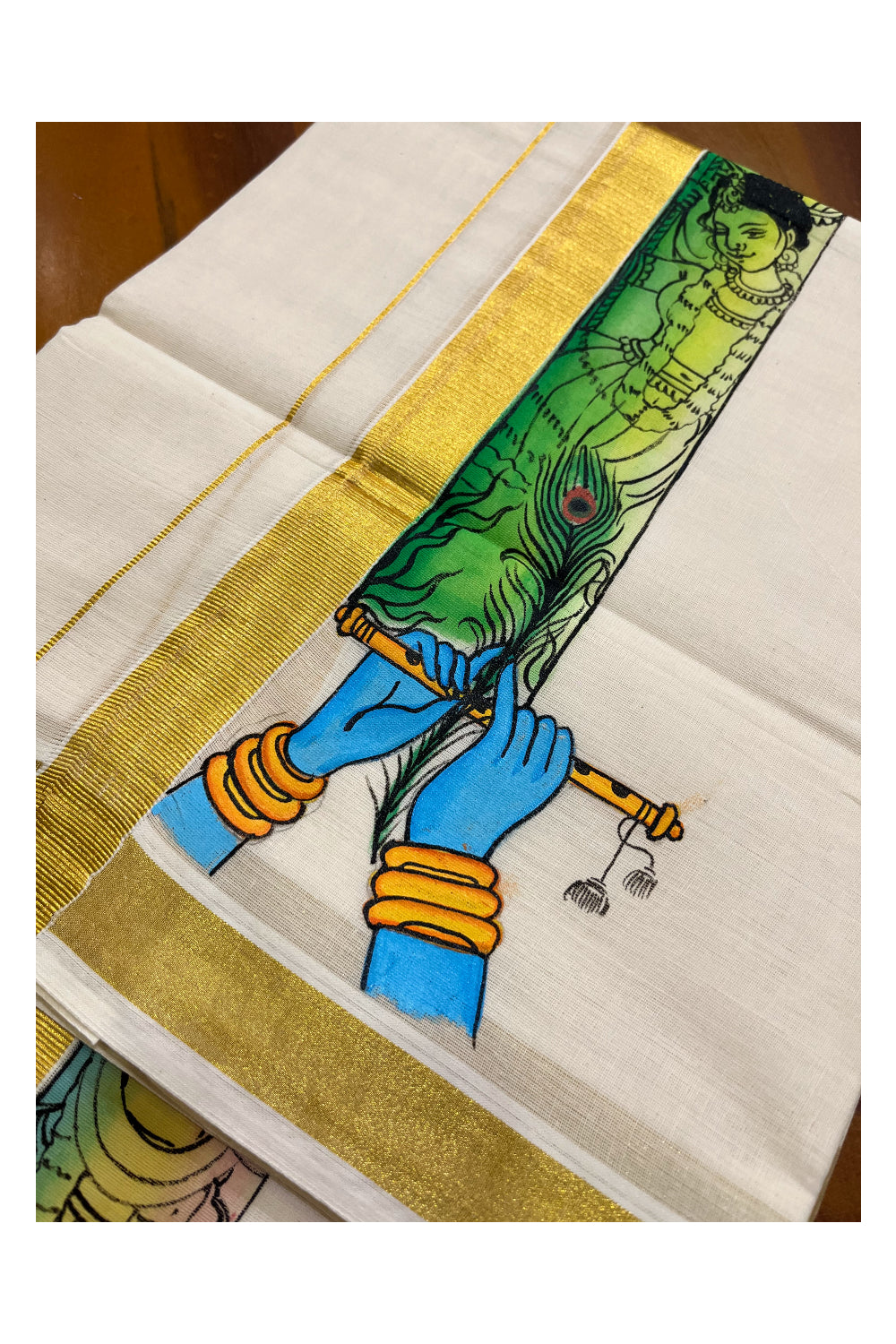 Kerala Pure Cotton Double Mundu with Krishna Mural Hand Painted Design on Kasavu Border (South Indian Kerala Dhoti)