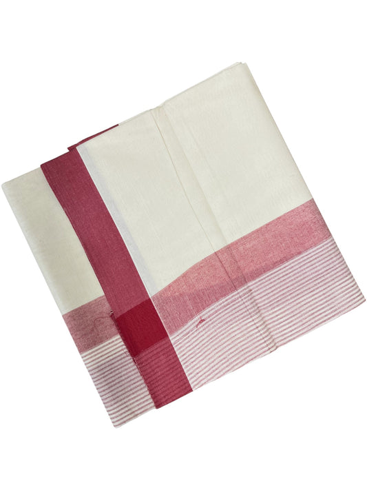 Southloom Kerala Pure Cotton Double Mundu with Maroon Lines Border (South Indian Dhoti)