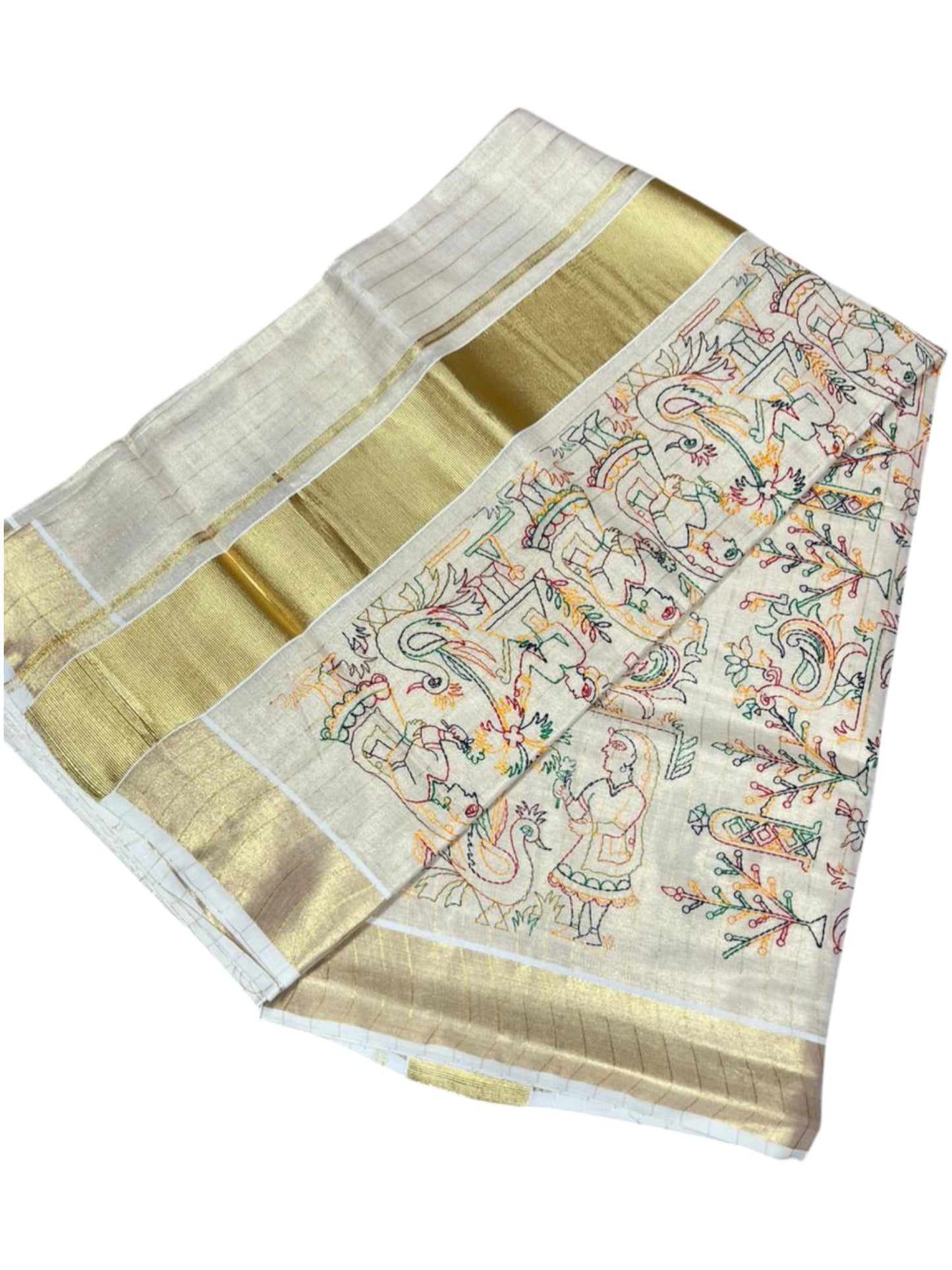 Southloom Tissue Kerala Kasavu Lines Saree with Kantha Embroidery Work on Body SL322