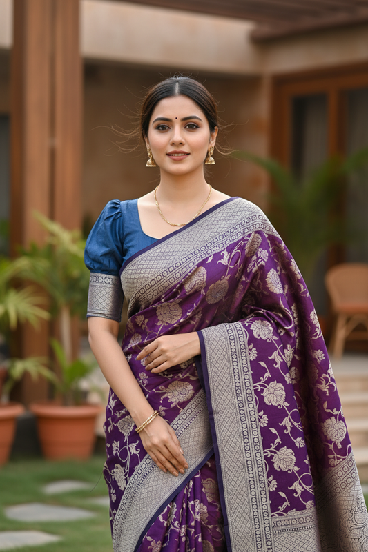 Southloom  Banarasi Silk Saree with Woven Work on Body and Borders(Blue)