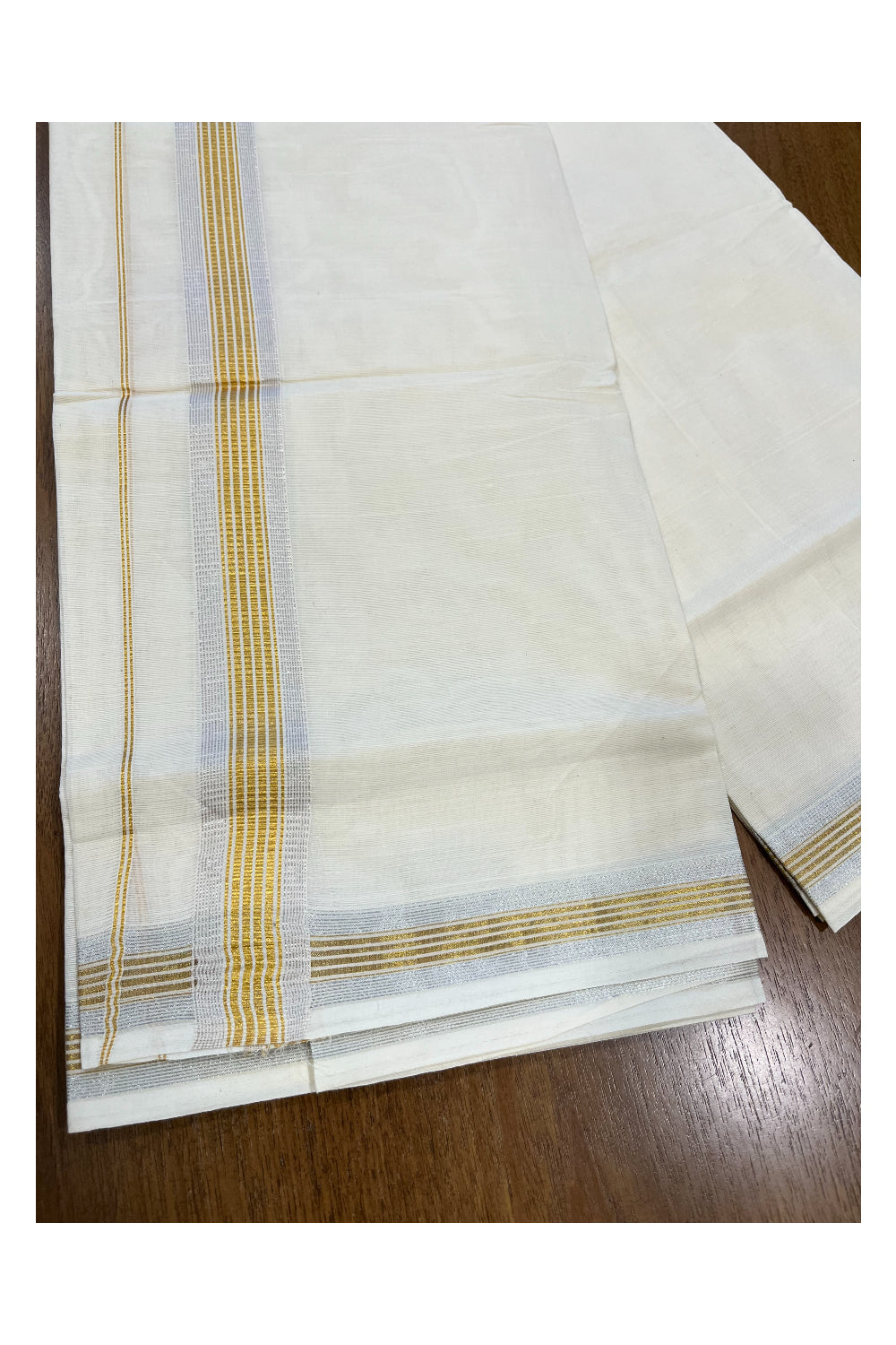 Pure Cotton Off White Double Mundu with Silver and Gold Kasavu Lines Kara (South Indian Kerala Dhoti)