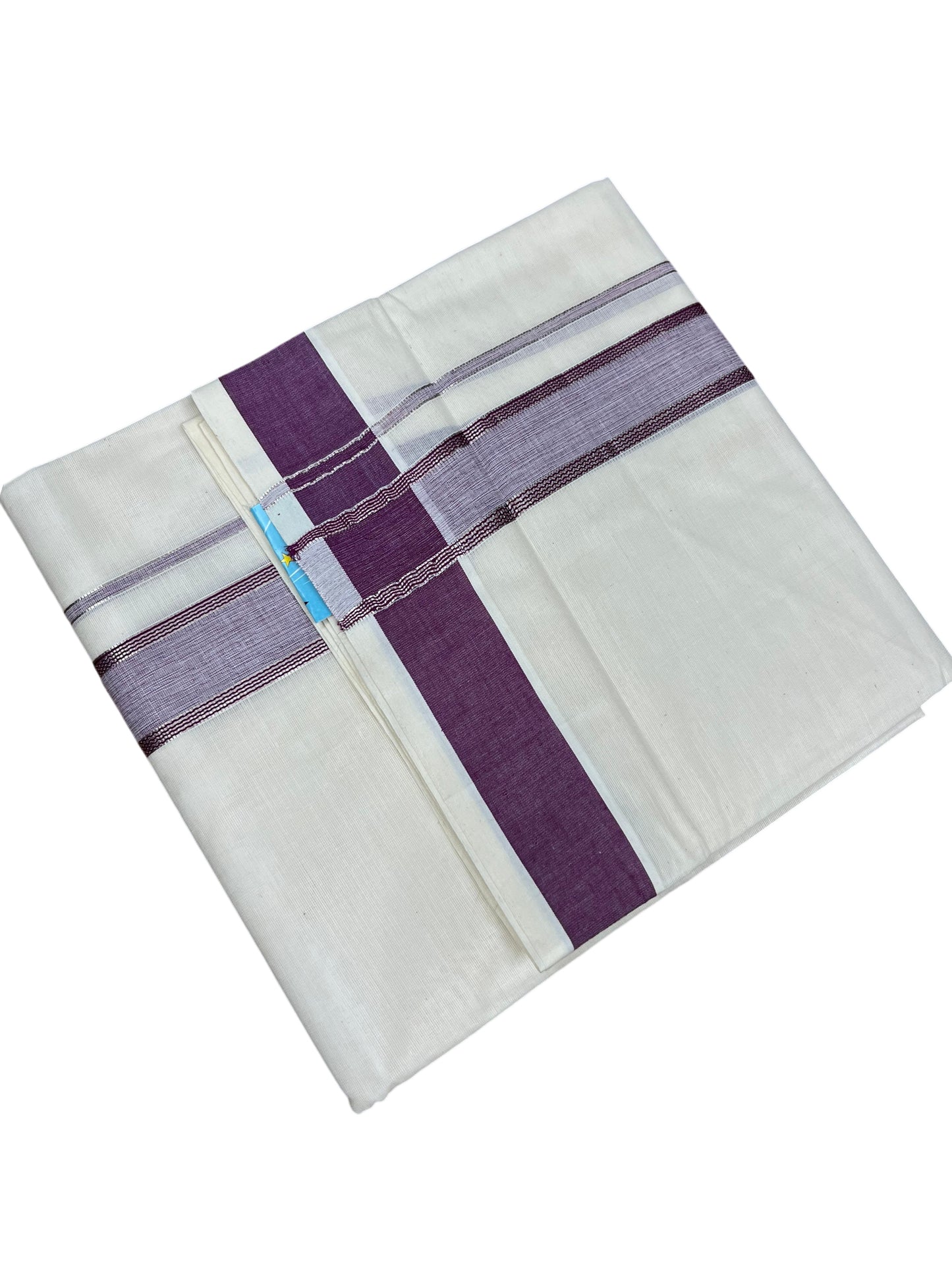 Southloom Kerala Pure Cotton Double Mundu with Silver Lines and Purple Border with (South Indian Dhoti)