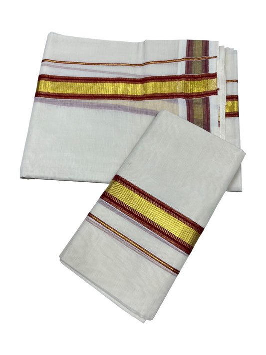 Kerala Cotton Set Mundu (Mundum Neriyathum) with Kasavu and Maroon Border 2.80 Mtrs