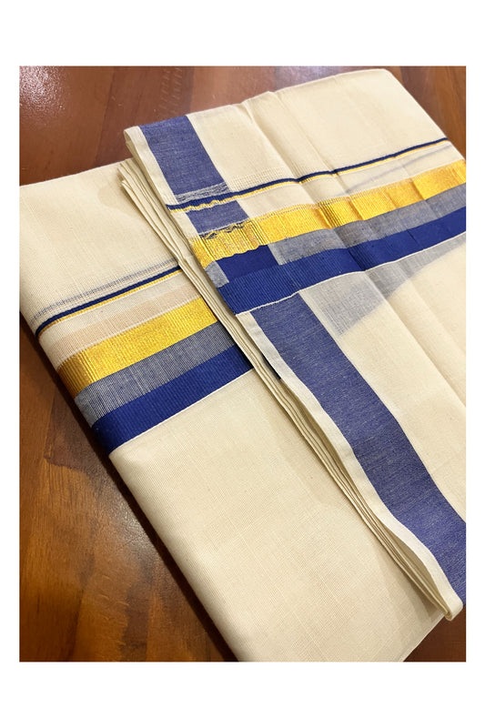 Off White Kerala Cotton Double Mundu with Kasavu and Blue Border (South Indian Kerala Dhoti)