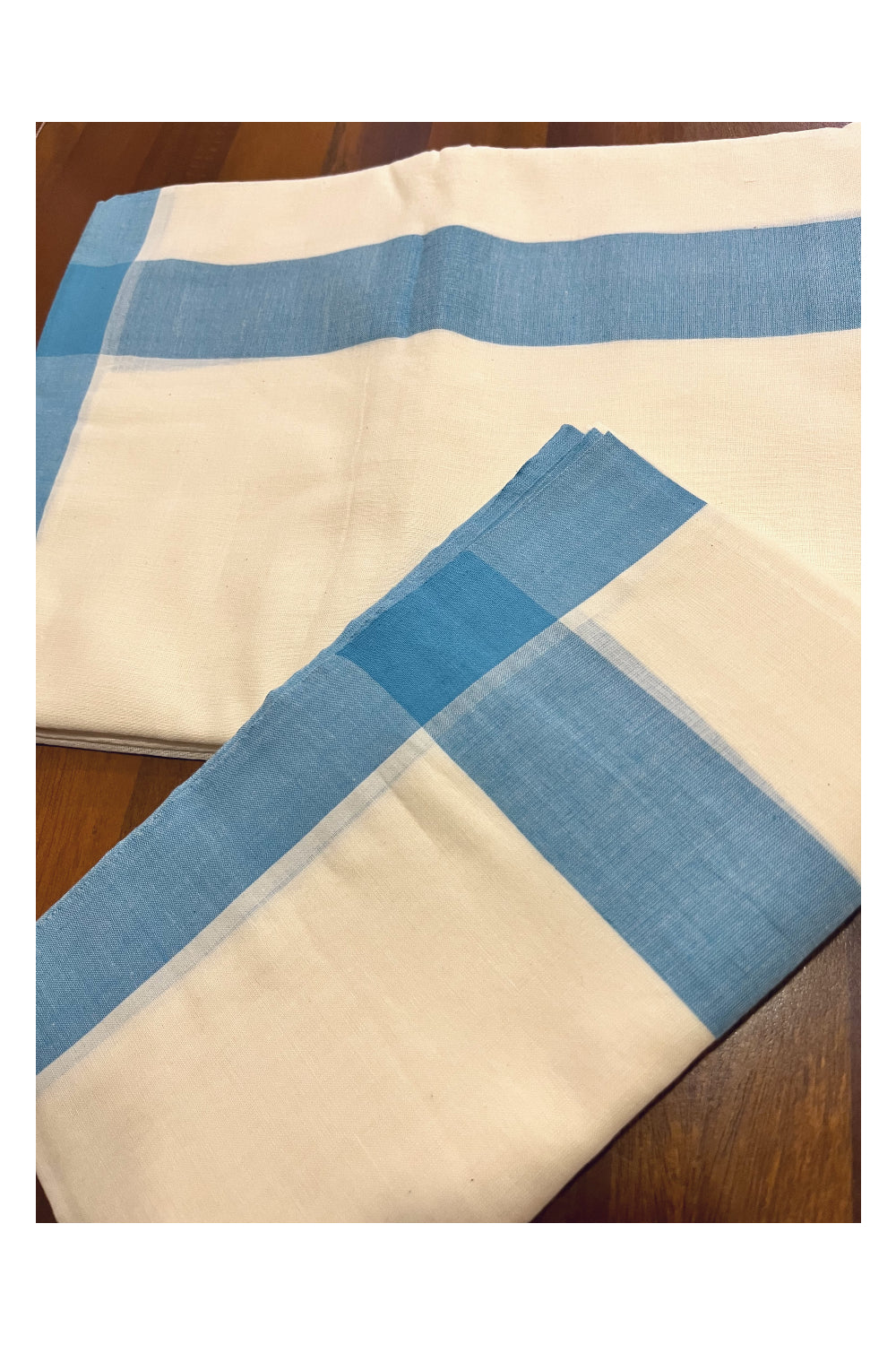 Kerala Mulloth Cotton Single Mundum Neriyathum with Light Blue Border (Extra Soft Cotton)