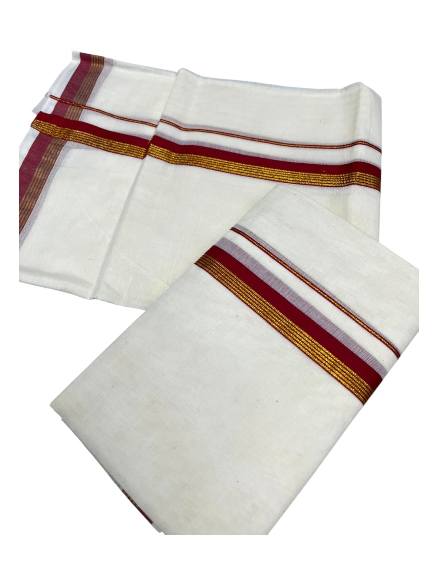 Pure Cotton Kerala Single Set Mundu (Mundum Neriyathum) with Red Kasavu Border in 2.80 Mtrs