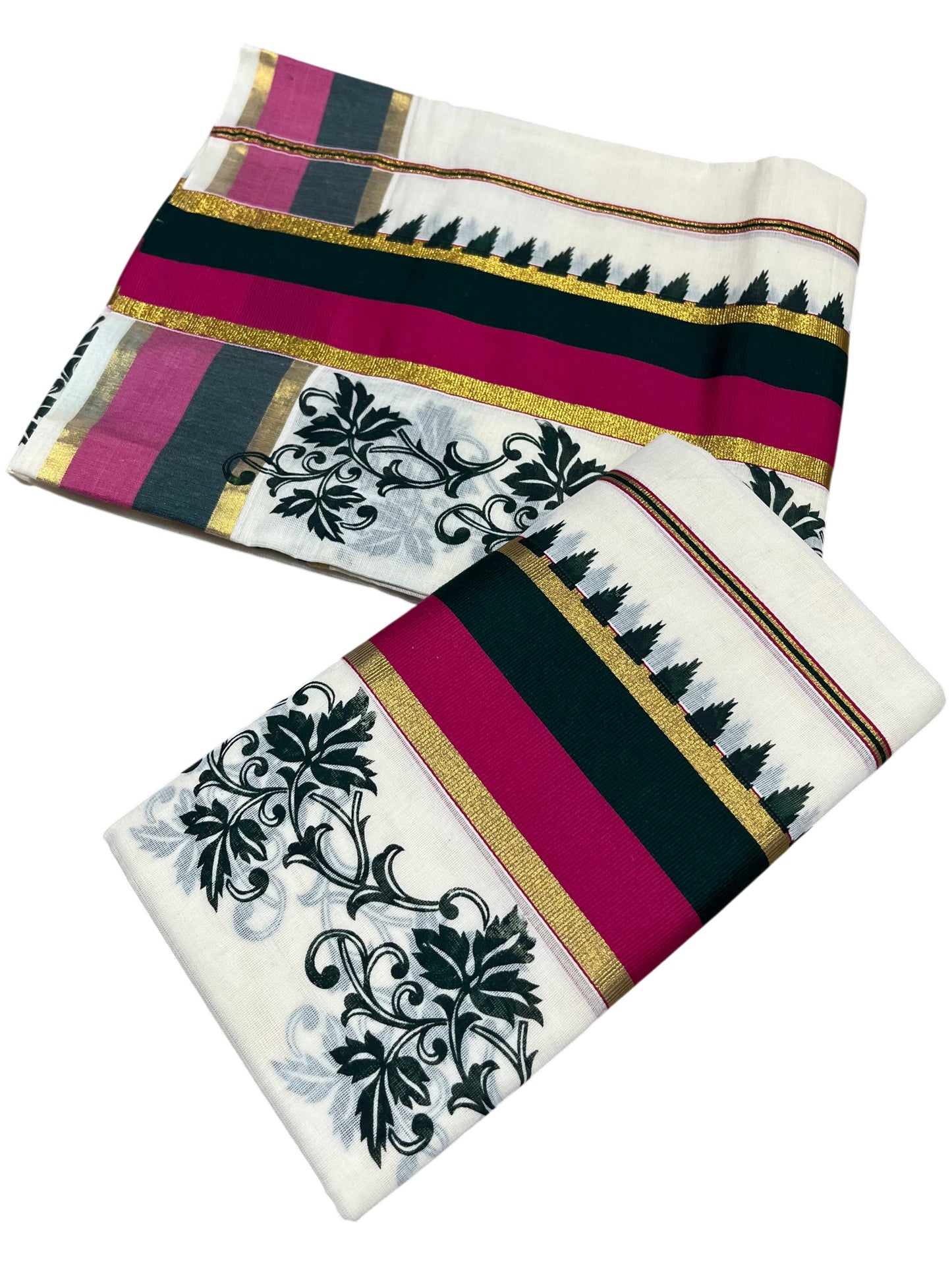 Southloom Pure Cotton Kerala Single Set Mundu (Mundum Neriyathum) with Floral and Temple Print with Green and Magentha Border