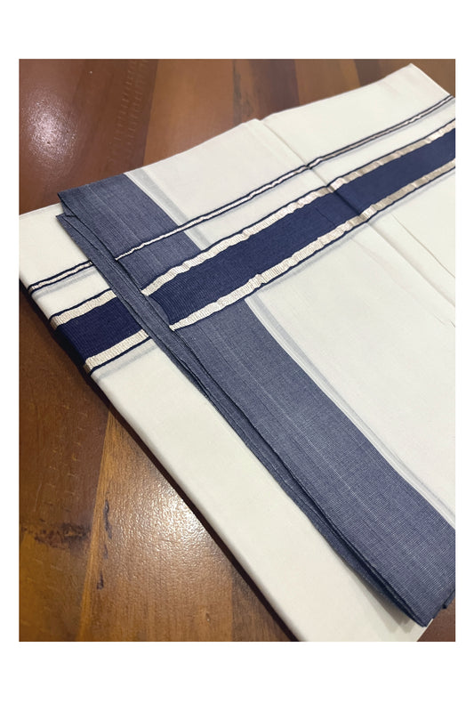 Pure White Cotton Double Mundu with Navy Blue and Silver Kasavu Border (South Indian Kerala Dhoti)