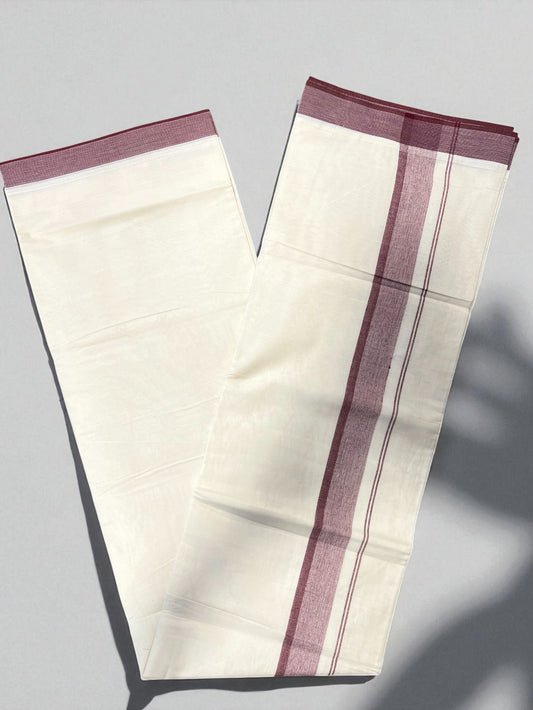 Southloom Pure Cotton Mundu with Maroon Lines and Maroon Border (South Indian Kerala Dhoti)