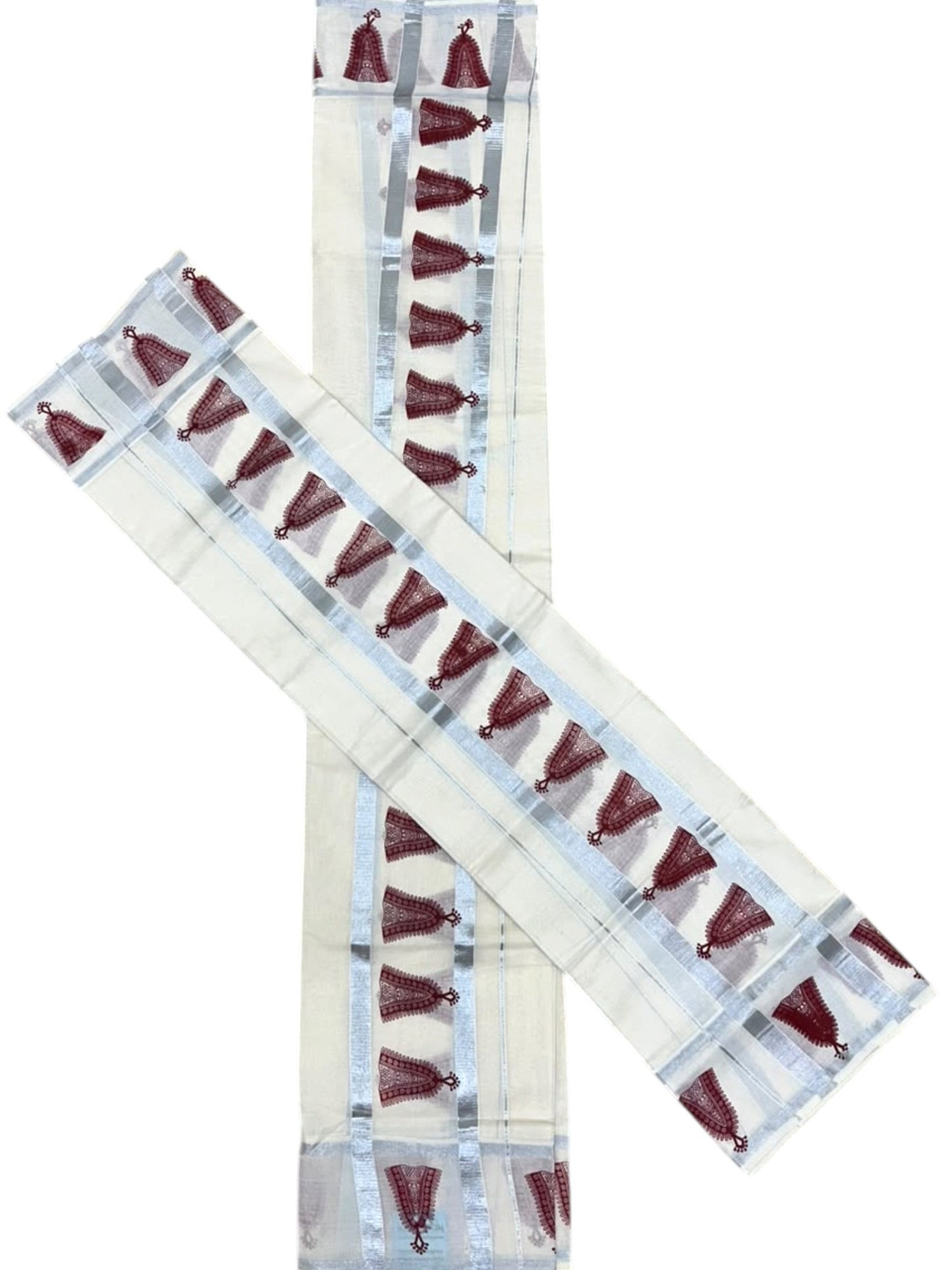 Southloom Pure Cotton Kerala Single Set Mundu (Mundum Neriyathum) with Maroon Printed And Silver Border 2.80 Mtrs