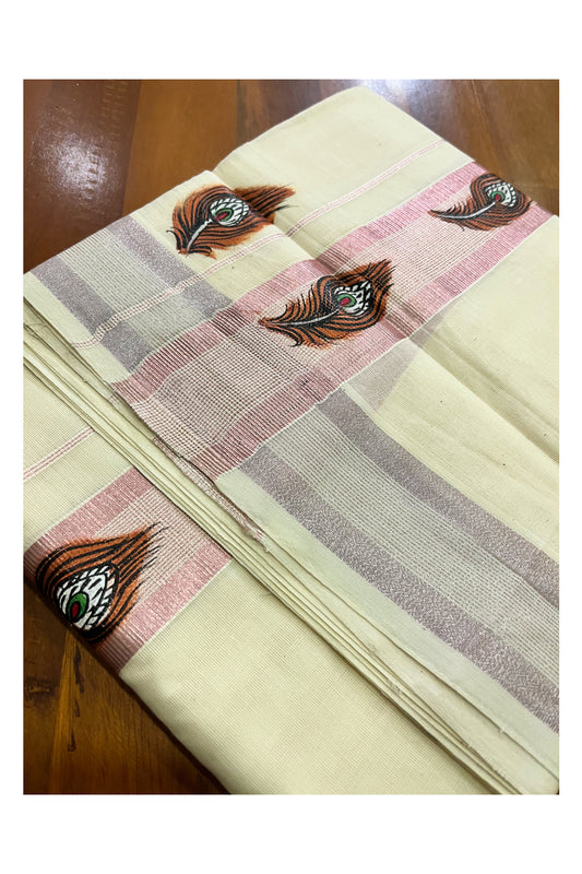 Pure Cotton Kerala Double Mundu with Rose Copper Kasavu Hand Painted Feather Design Border (South Indian Kerala Dhoti)