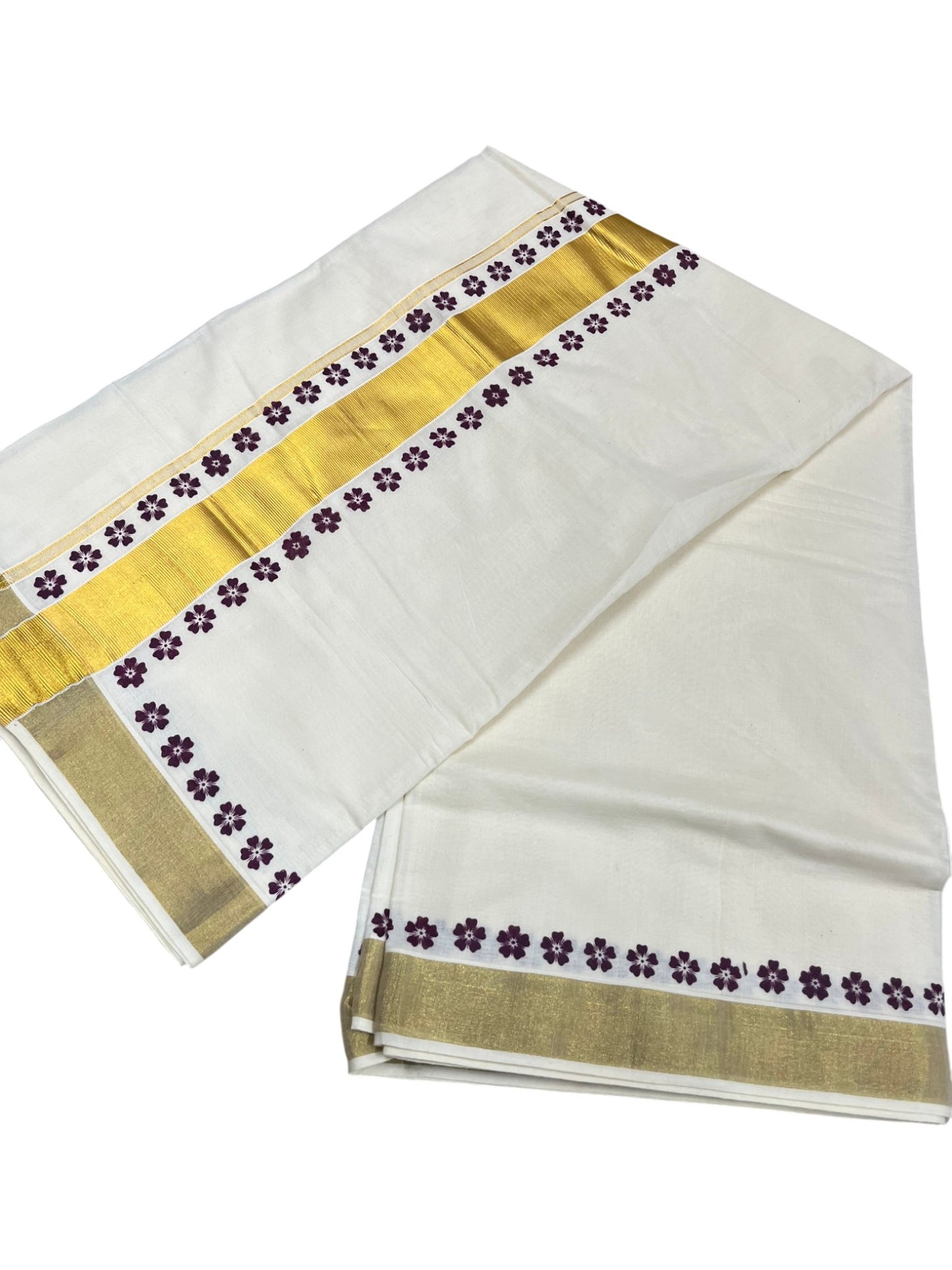 Southloom Cotton Kerala Kasavu Saree with Block Printed Design on Borders and Kara