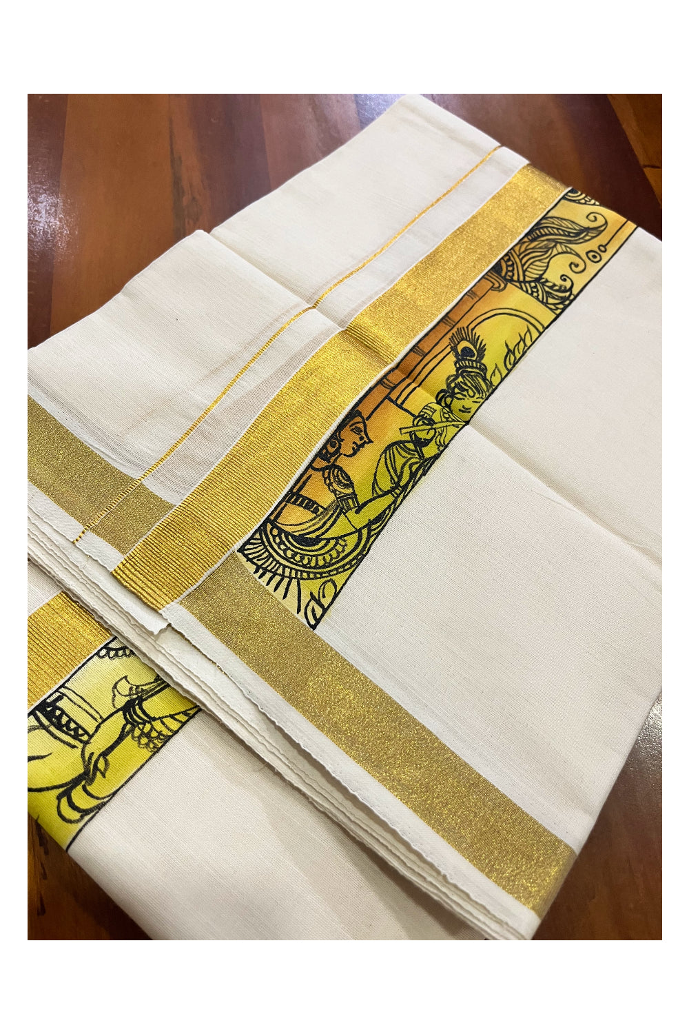 Pure Cotton Kerala Double Mundu with Krishna Hand Painted Designs on Kasavu Border (Vishu Collection 2024)