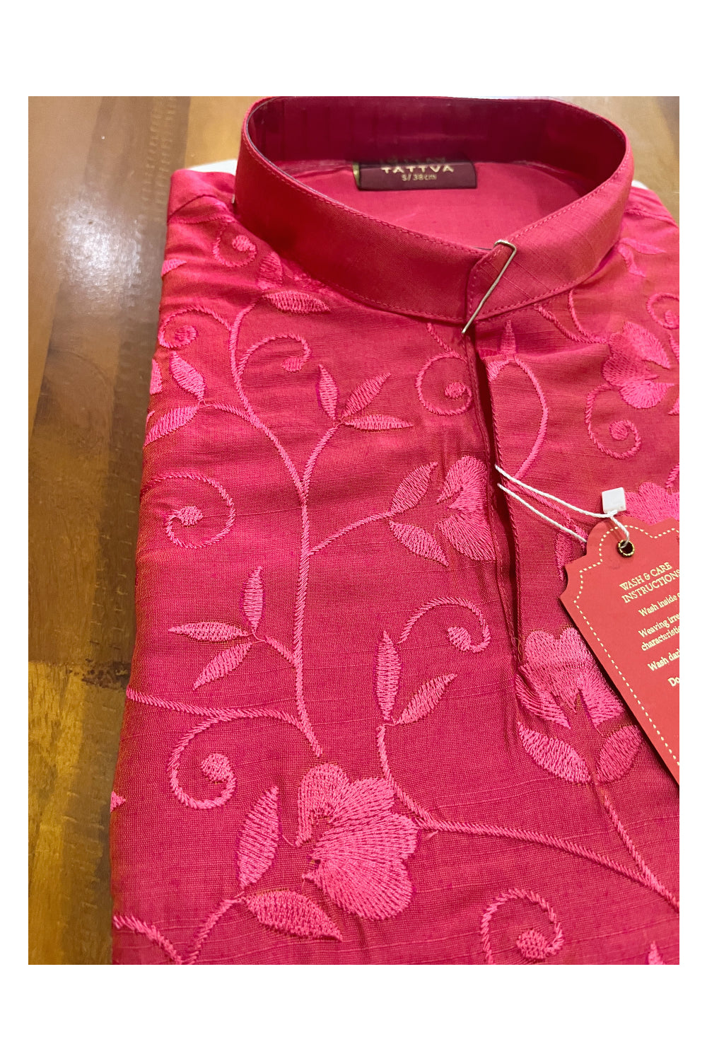 Southloom Pinkish Red Floral Woven Semi Silk Short Kurta for Men