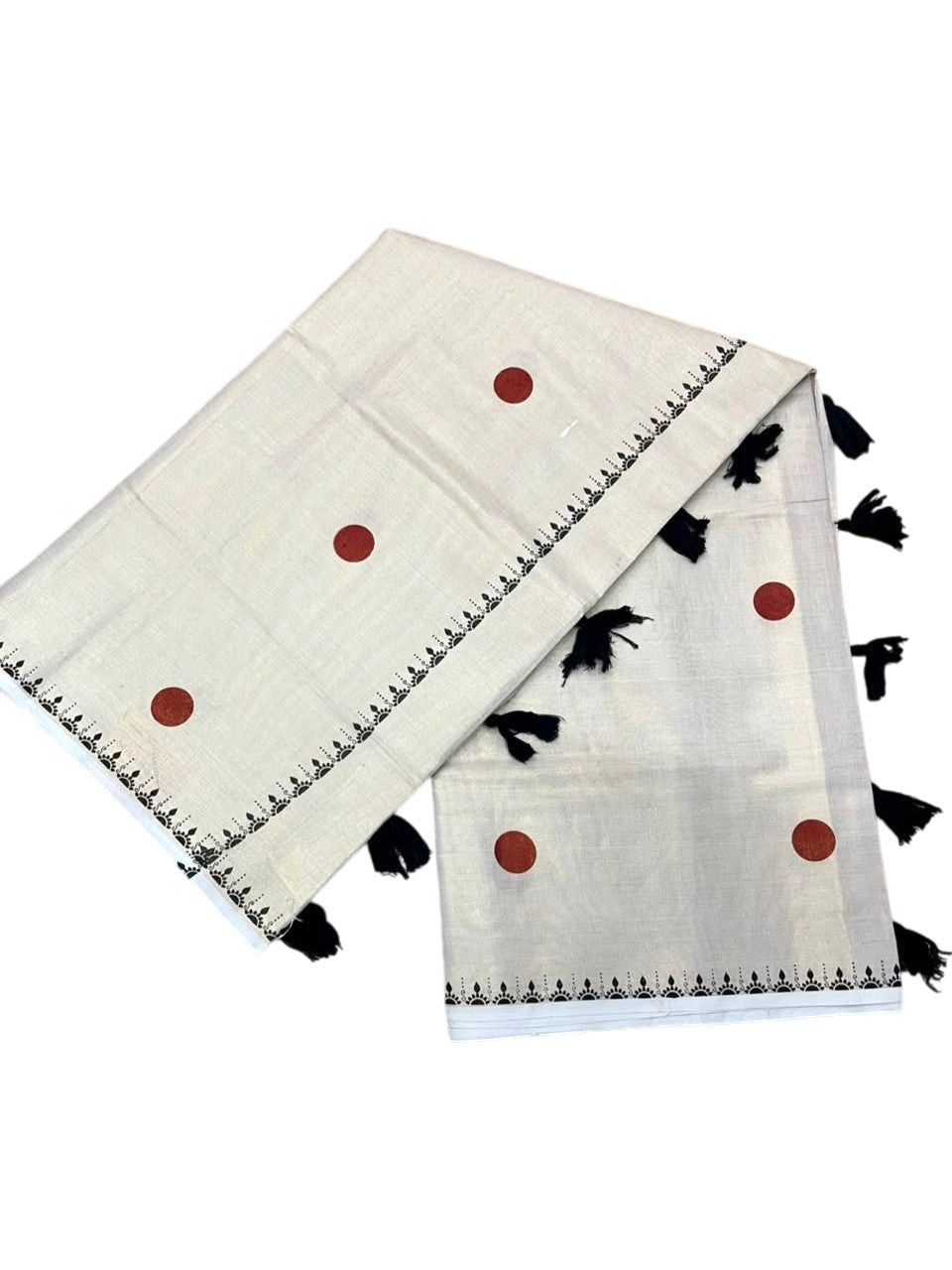 Southloom Kerala Tissue Kasavu Plain Saree with Orange Polka Dots On Body SL537