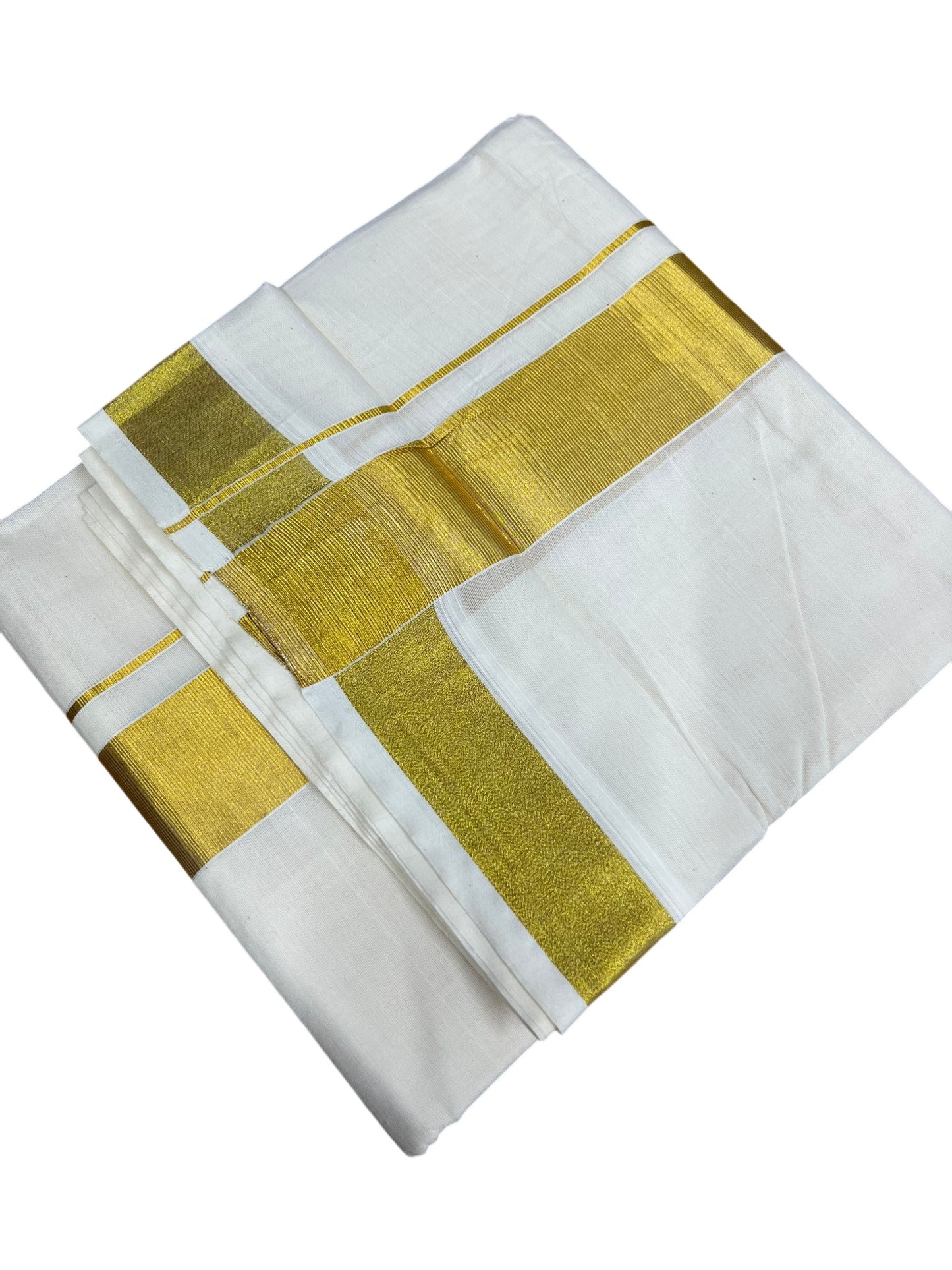 Southloom Kerala Pure Cotton Double Mundu with Gold Kasavu and Border (South Indian Dhoti)