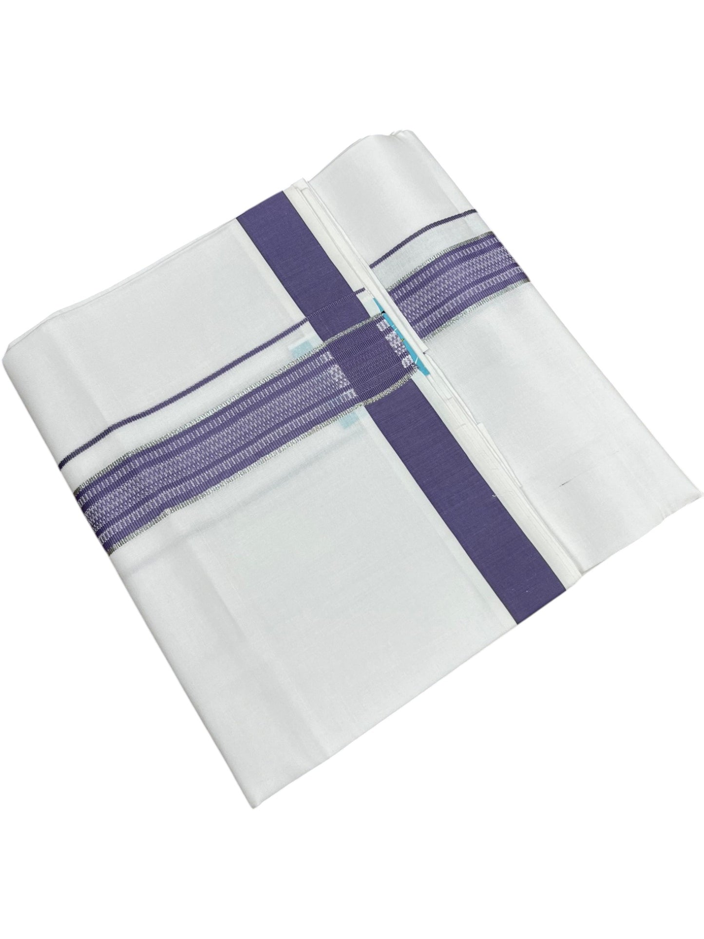 Southloom Pure White Cotton Single Mundu with Silver Line & Lavender Border (South Indian Kerala Dhoti)