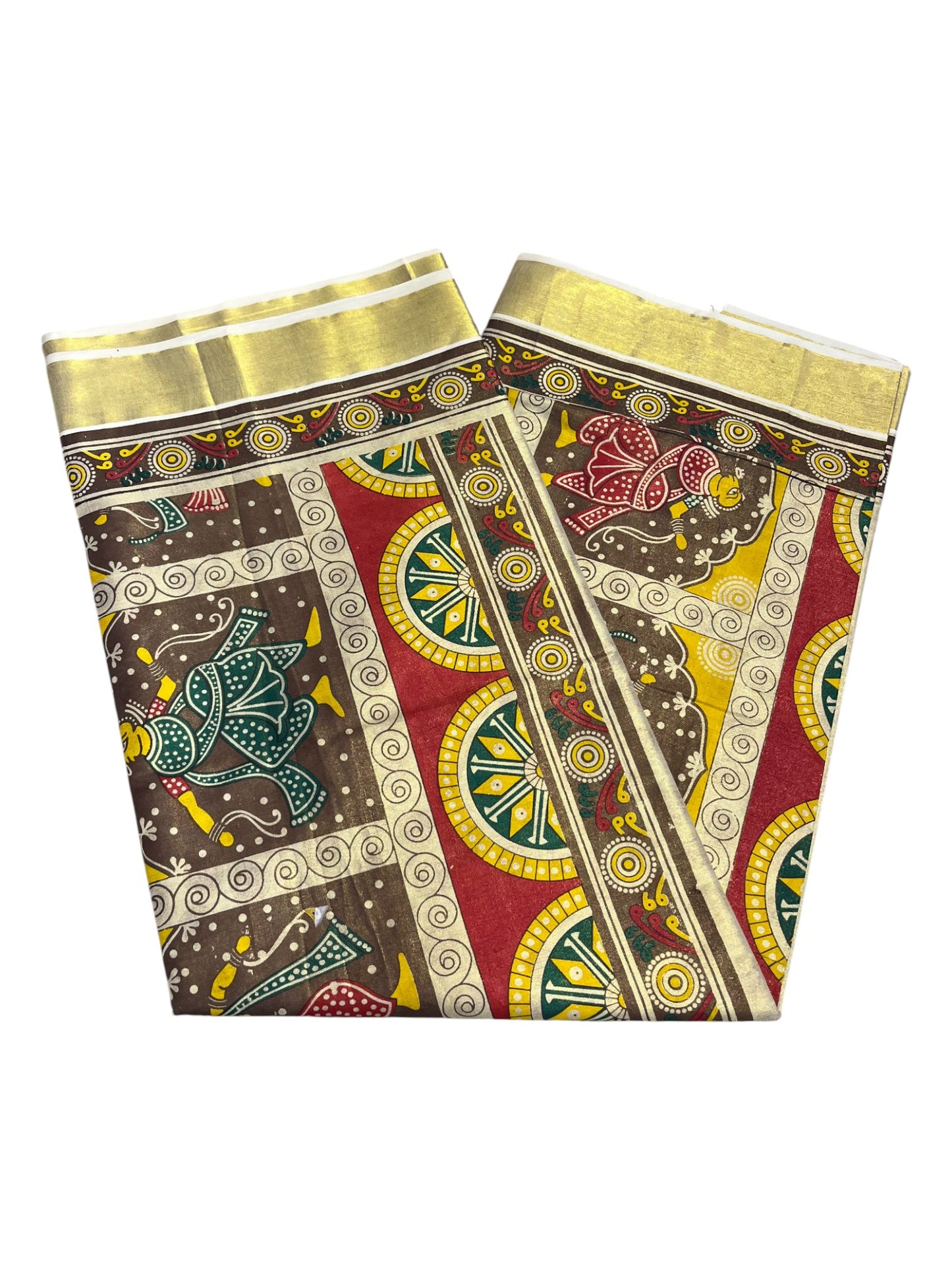 Southloom Kerala Tissue Kasavu Saree with Brown and Red Hand Printed Design